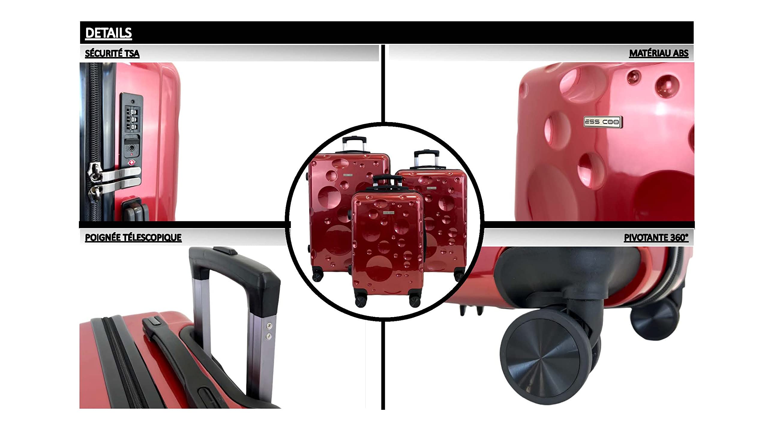 Set de 3 valises/Bagages ABS Rigide à 4 roulettes pivotante avec Serrure TSA intégré (Rouge vin, Set de 3)