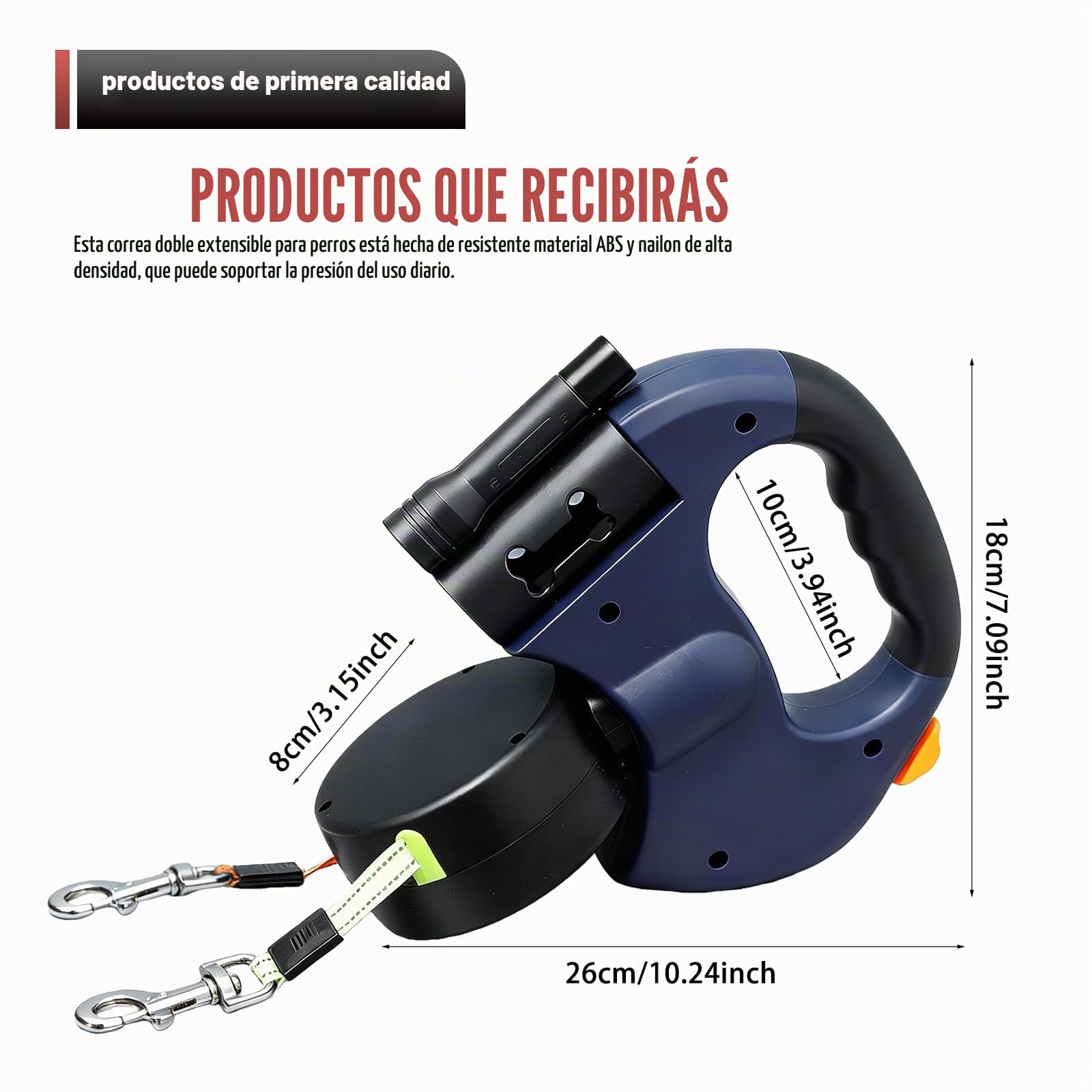 BAIFULAI Correa retráctil para 2 perros, correa doble de 3 m para 2 perros con luz, mango antideslizante, extensible, para perros pequeños y medianos (azul)