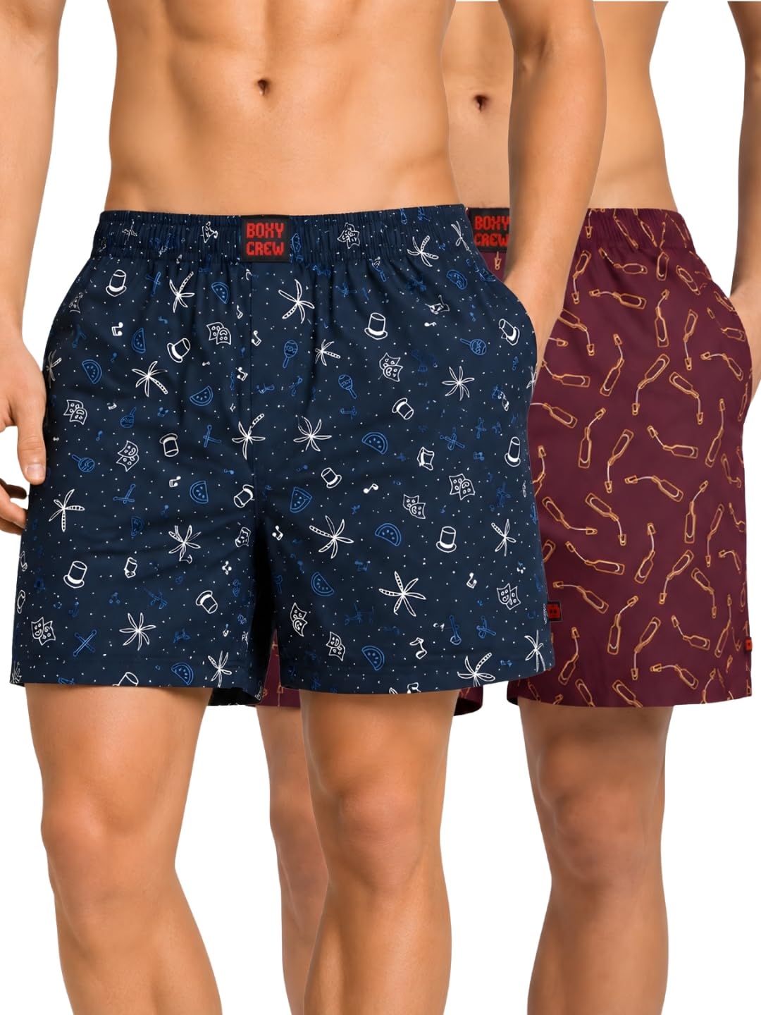 boxy crew Men Boxer Shorts Pack of 2, 100% Cotton Woven Boxers, Dark Blue & Maroon, Printed Designs, Dual Side Pockets, No-Marks Inner Elastic Waistband, Relaxed Fit Lounge & Sleep Shorts-picture-53