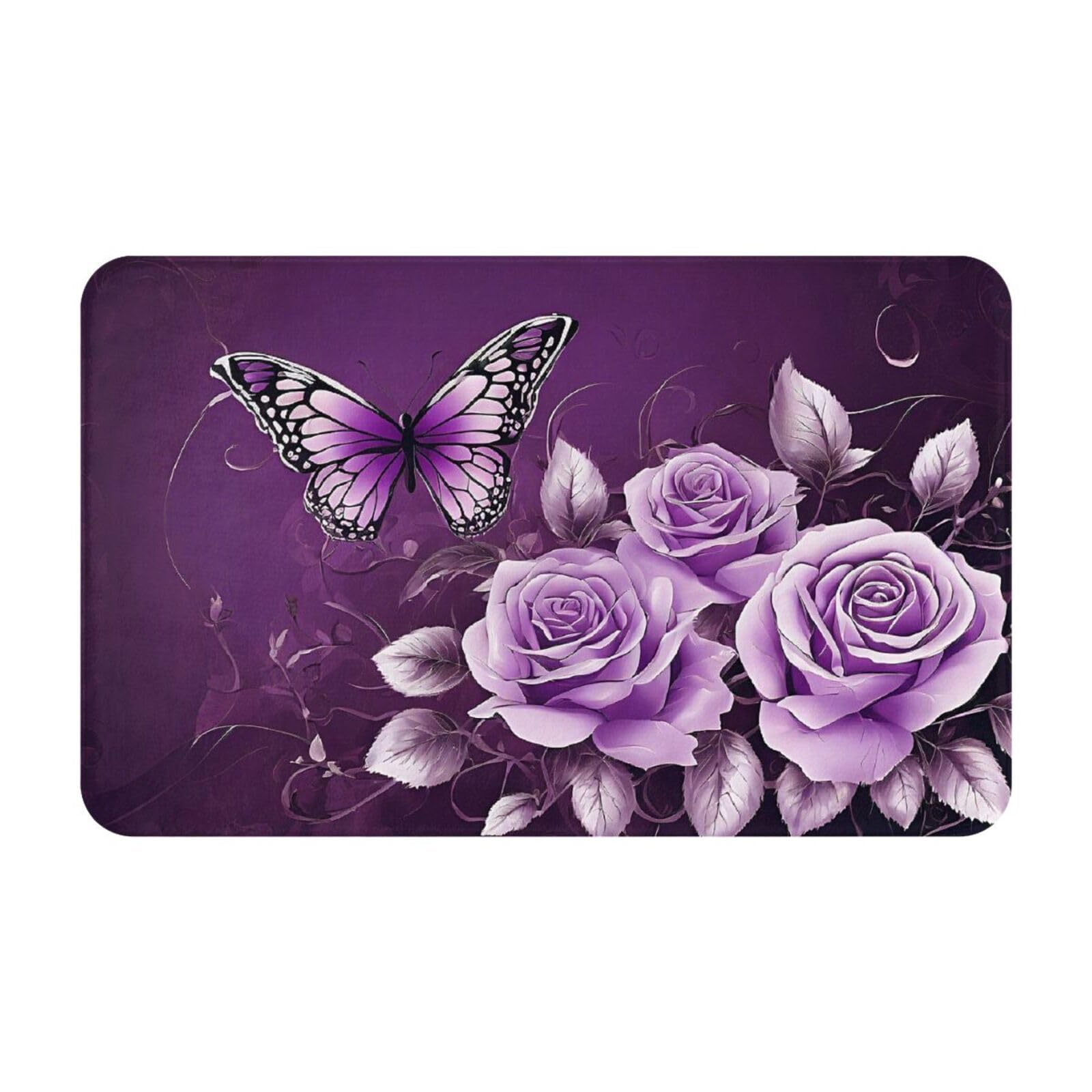Purple Beauty Butterfly Print Living Room Bathroom Kitchen Anti Slip and Absorbent Carpet, Indoor Entrance Door Muddy Floor Mat, Ultra Soft Washable Carpet 21x31.5 Inches