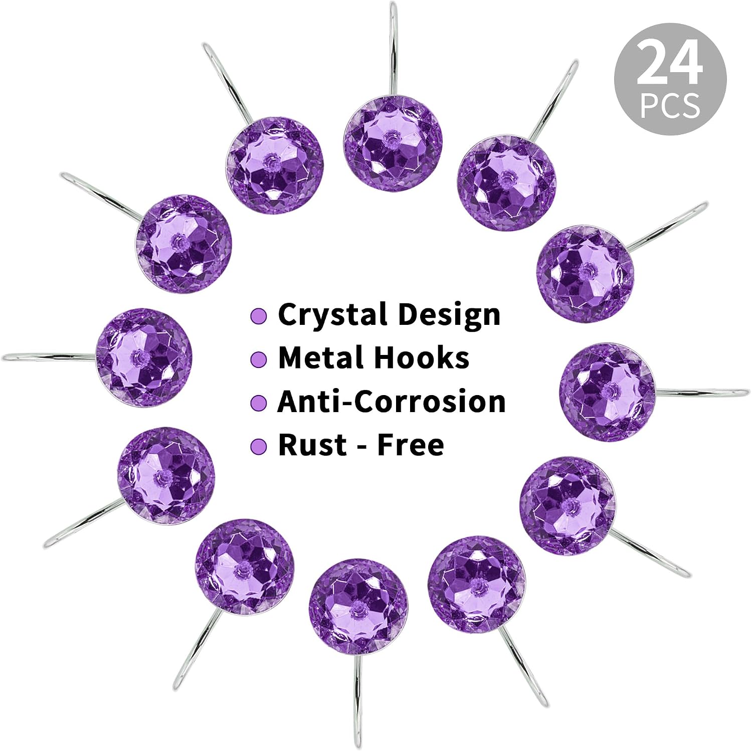 Purple Diamond Crystal Bling Shower Curtain Hooks Rings for Bathroom,24PCS image 4