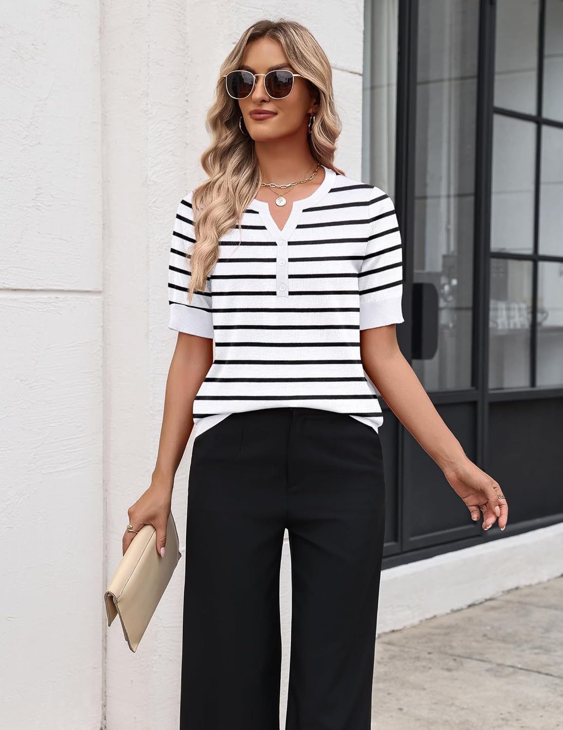 Zeagoo Women's Short Sleeve Sweater 2026 Spring Summer Tops Lightweight Casual V Neck Sweaters Dressy Work Blouses Clothes - Image 4