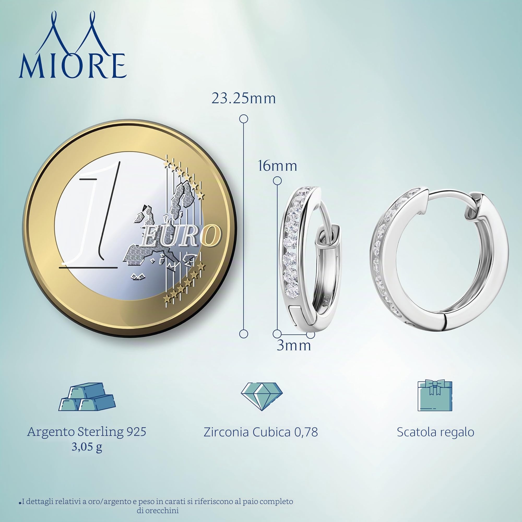 Miore Orecchini Cerchio Donna con Zirconi Brillanti in Argento 925 - Argento 925 Placcato Oro Giallo 18K 750, Orecchino Cerchi a lobo anallergici con Zirconi. Chiusura con perno passante e scatto.