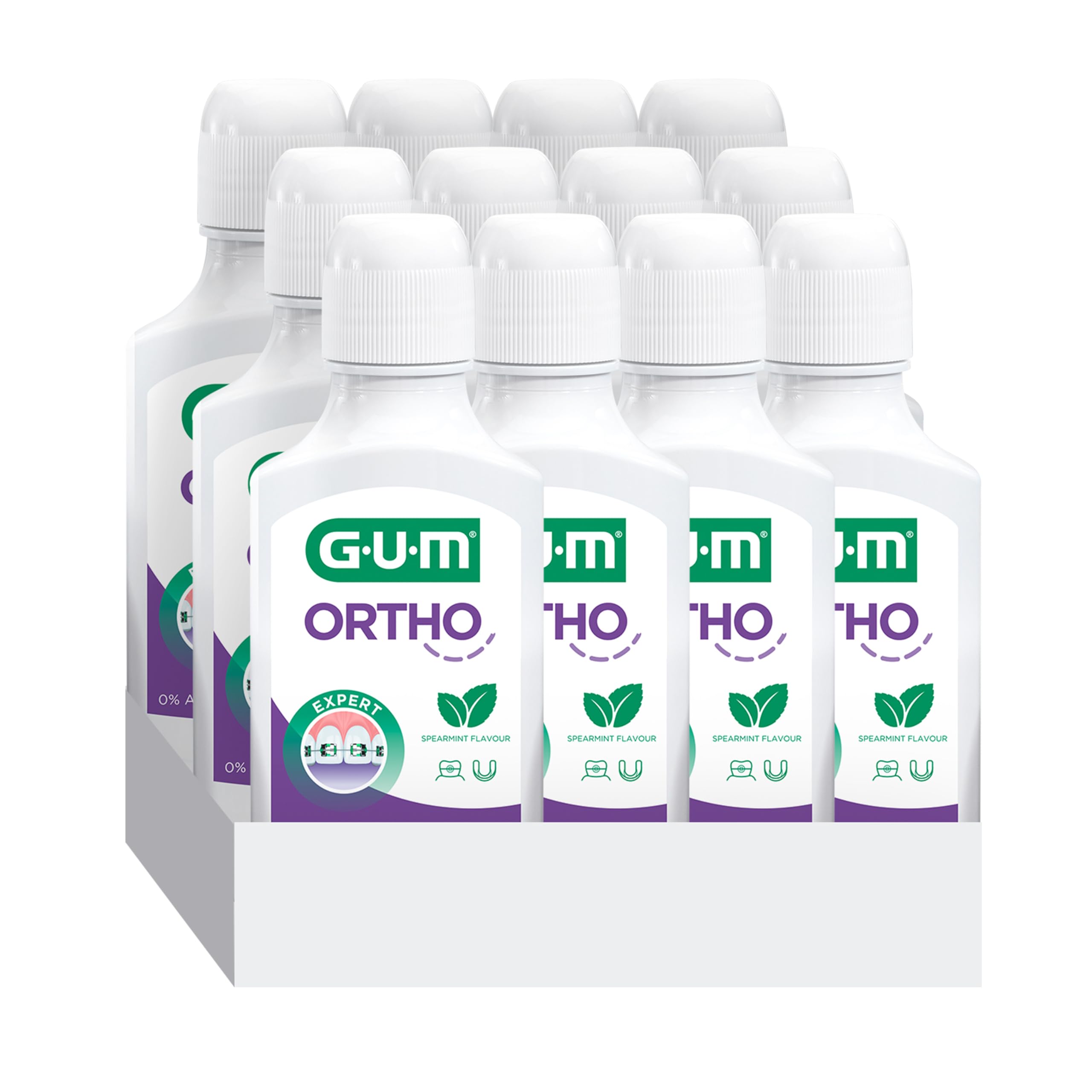 GUM Ortho - Enjuague bucal especial para portadores de aparatos ortopédicos, reduce la formación de placa, fortalece el esmalte dental, sin alcohol, sabor a menta, 12 x 300
