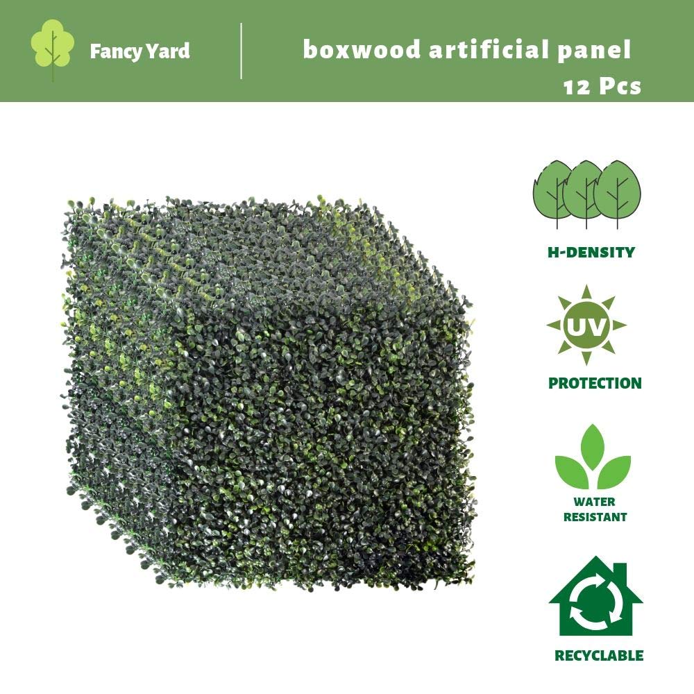 Fancy Yard 12 Pieces 20" x 20" Boxwood Panels Artificial Greenery Fence Faux Boxwood Hedge UV Protected Privacy Screen Grass Wall Backdrop - Outdoor or Indoor Decor (12pc Boxwood)