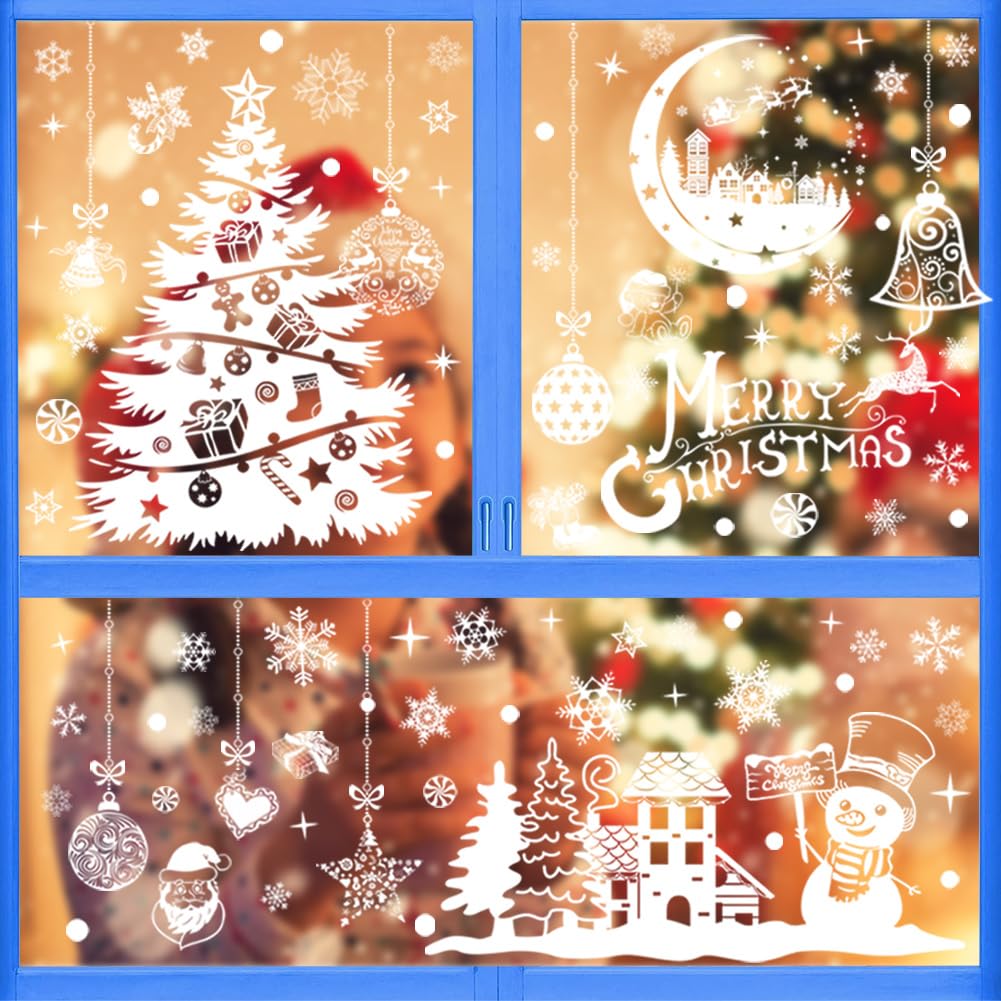 Decoración Navideña Para Ventana, 8 Hojas De Calcomanías De Navidad Para Ventana Diseno De Copos De Nieve De Renos De Papa Noel Decoracion De