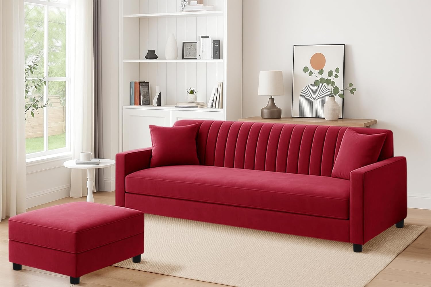 Rosebell Sofa with Ottoman Combo Three Seater Sofa Set with Matching Footrest for Living Room & Bedroom - Red Color