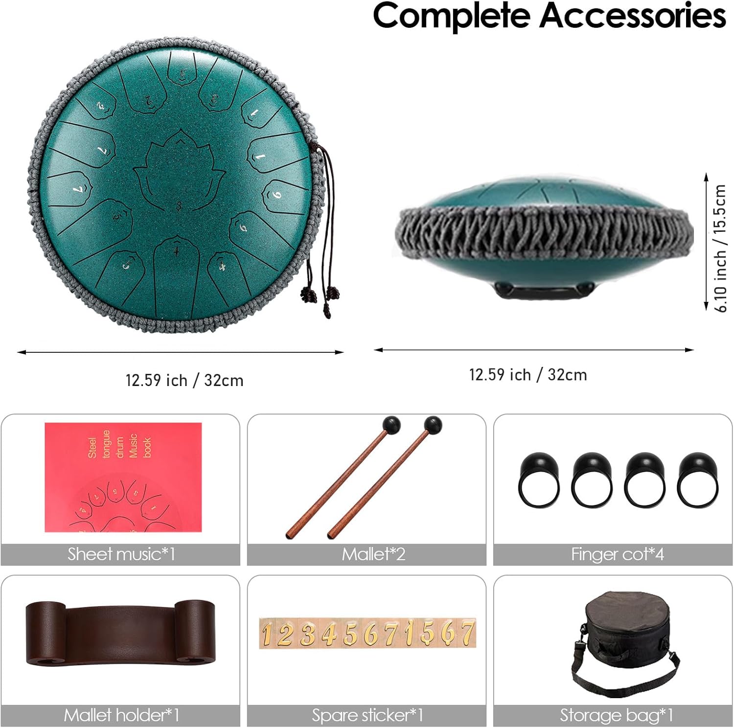 Konrisa 13 Inch 15 Notes Steel Tongue Drum Percussion Instruments C Major, Steel Drum Musical for Meditation Yoga Zen, Hand Pan Instruments with Drum Mallets and Carry Bag (Green)
