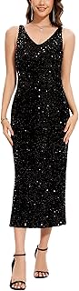 Women Sequin Dress Sleeveless V Neck A Line V Back with Liner Sparkly Evening Party Glitter Cocktail Formal Midi Dress - Buy now