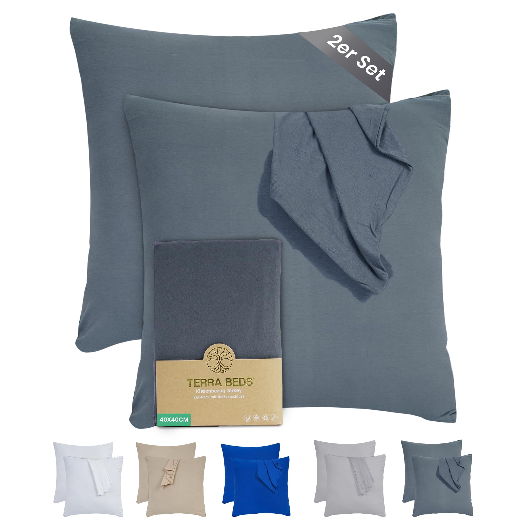 Terra Beds Kissenbezug Baumwolle Jersey 160 g/m² - Kopfkissenbezug 2er-Set mit Reißverschluss, dehnbarem gestricktem Stoff, atmungsaktiv
