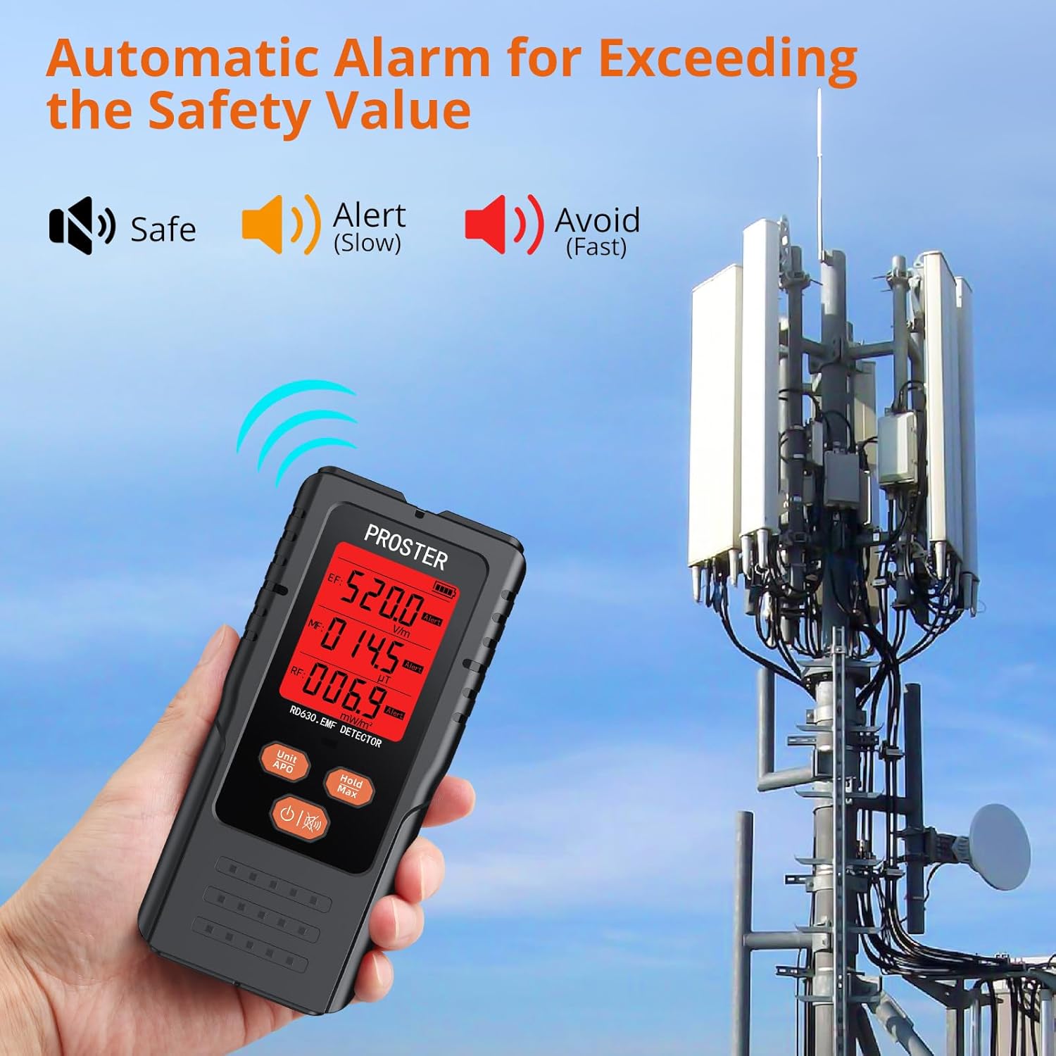 Proster RD630 EMF Detector displaying an 'Avoid' (Red) alarm near a cell tower, indicating high EMF levels.