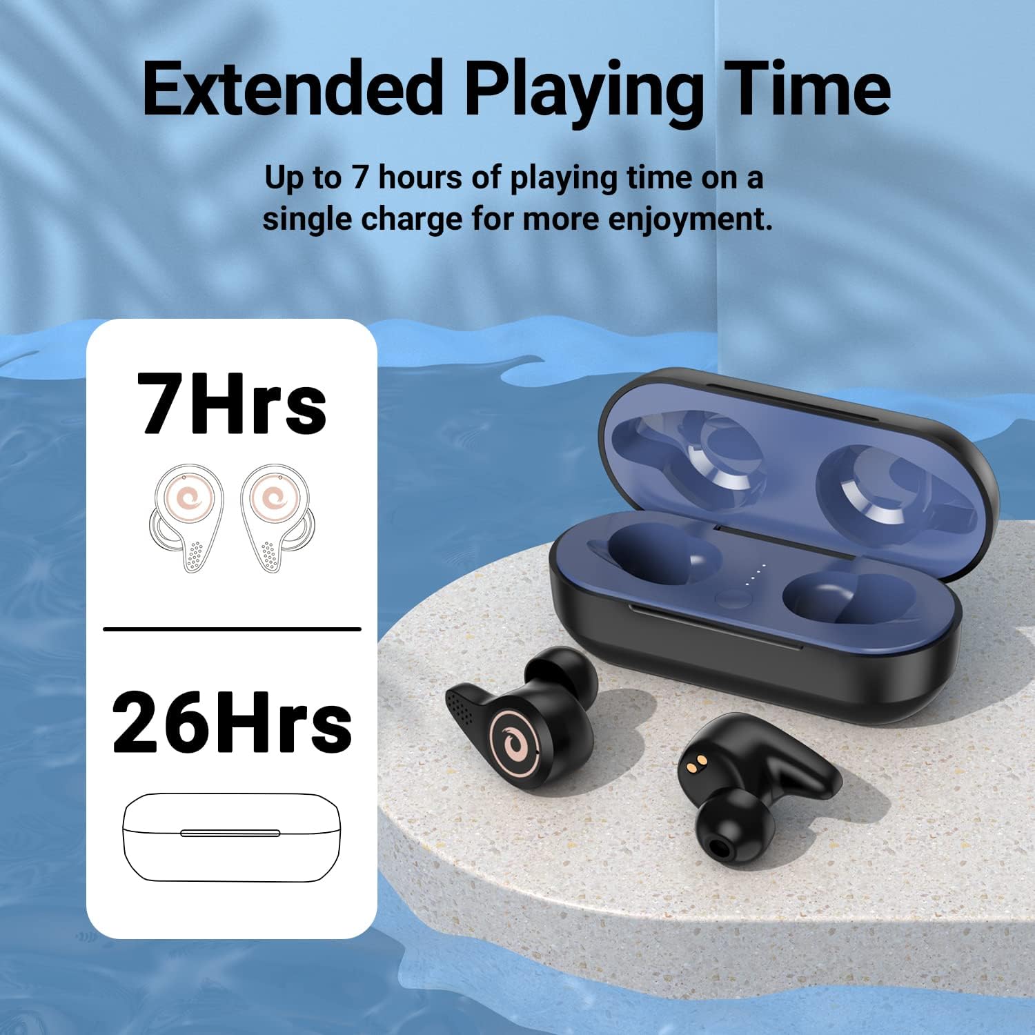 Diagram showing FEANS Q8 earbuds and charging case, indicating 7 hours of playback for earbuds and 26 hours total with case.