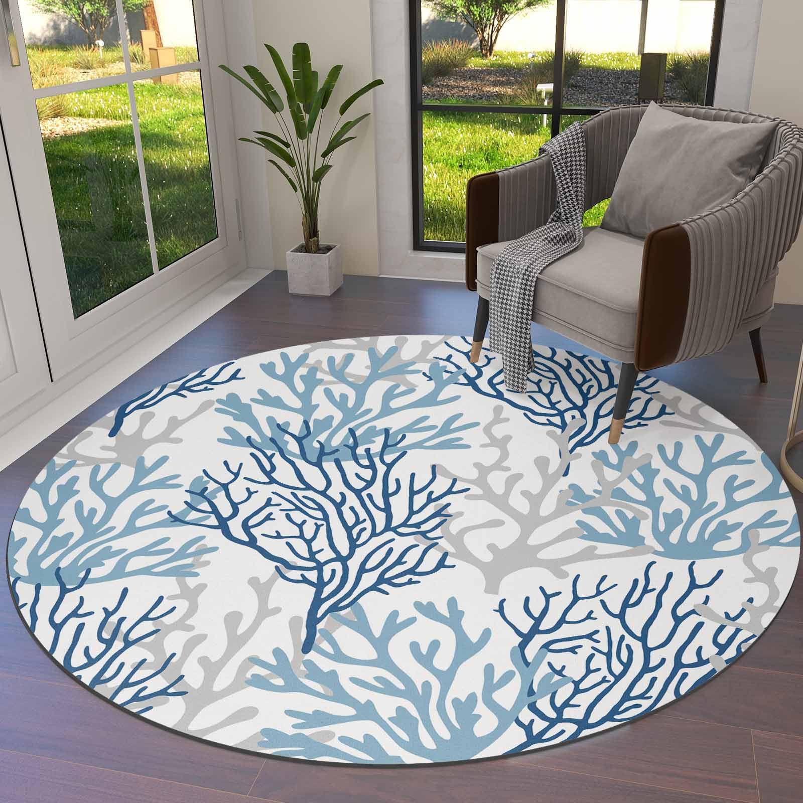 ラグ・カーペット round beach rug Amazon.com: Huotupsine Navy Blue Coral Coastal Round Area