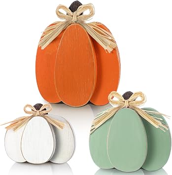 Ferraycle 3 Pcs Fall Pumpkin Decor Fall Wooden Signs 3D Pumpkin Tabletop Decor Farmhouse Sign Rustic Tiered Tray Decorations Block Centerpieces Standing Sign for Home Kitchen HarvestStylish Color