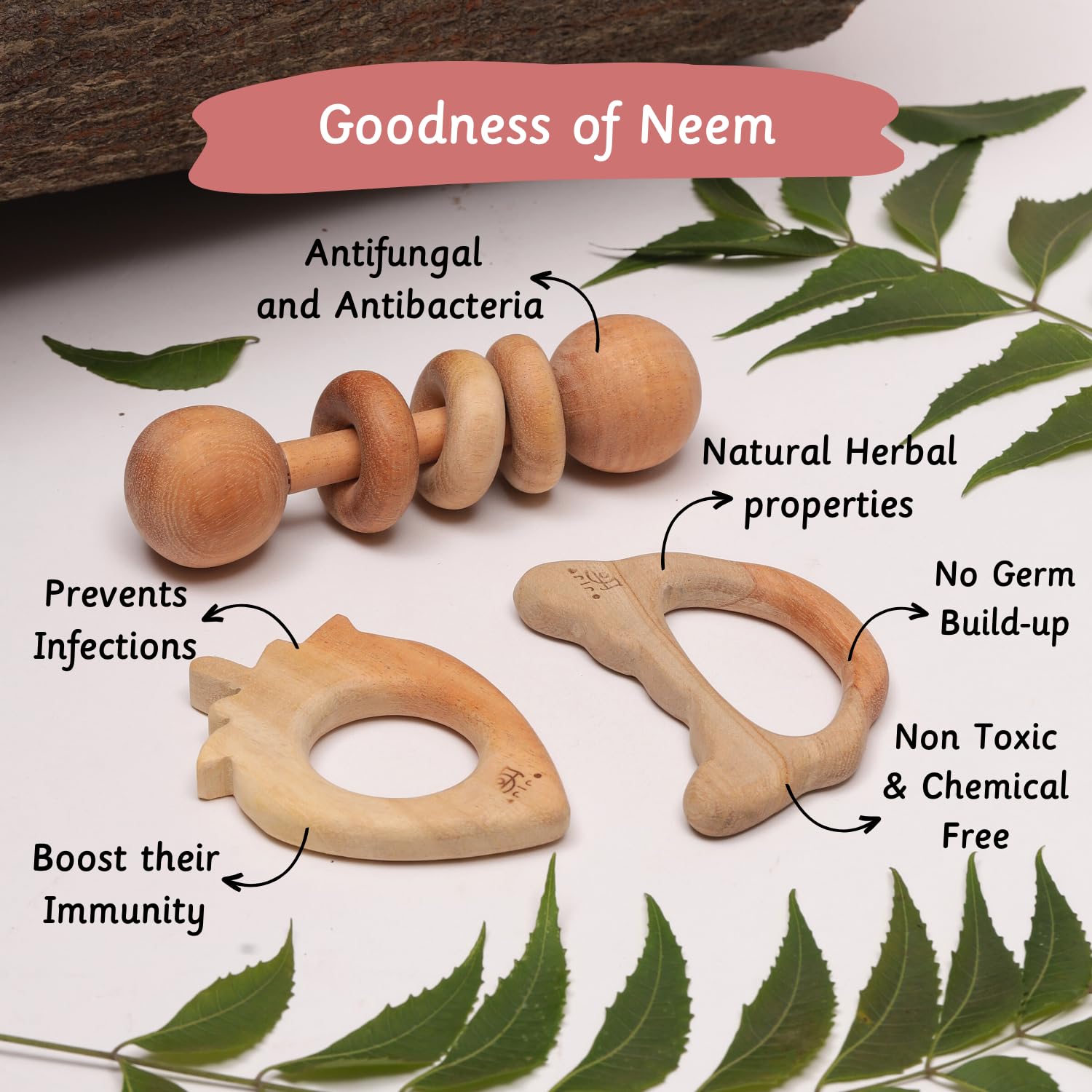 Ariro Wooden Infant Teethers Gift Set 2 For Baby Boy & Girl|Hand Crafted With Organic Neem Wood That Helps Boost Immunity & Aids In Digestion|Easy To Grasp & Chew - Image 3 thumbnail