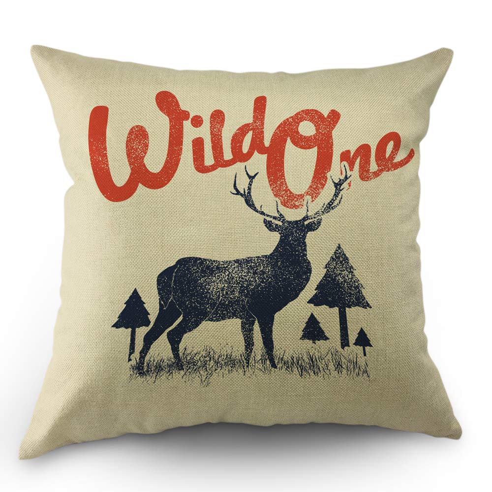 Moslion Deer Throw Pillow Cover Vintage Wild Reindeer Christmas Tree Pillow Case 18x18 Inch Cotton Linen Square Cushion Decorative Cover for Sofa Bedroom Father's Day Beige Red