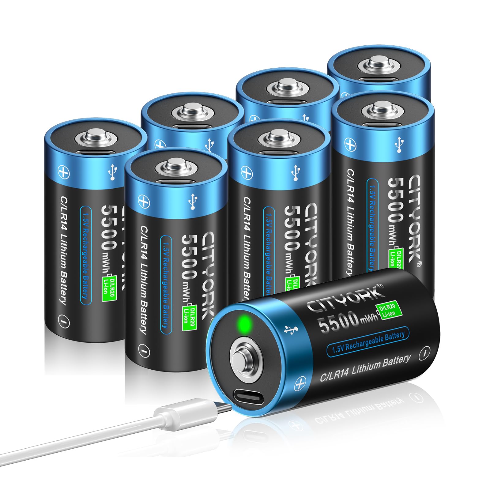 CITYORK 5500 mWh 1.5 V Rechargeable Baby C Battery with USB-C (Pack of 8), Lithium-Ion LR14 C Battery Rechargeable Batteries, Charges Under 2 Hours, Over 1000 Cycles, with Type C Charging Cable, LED