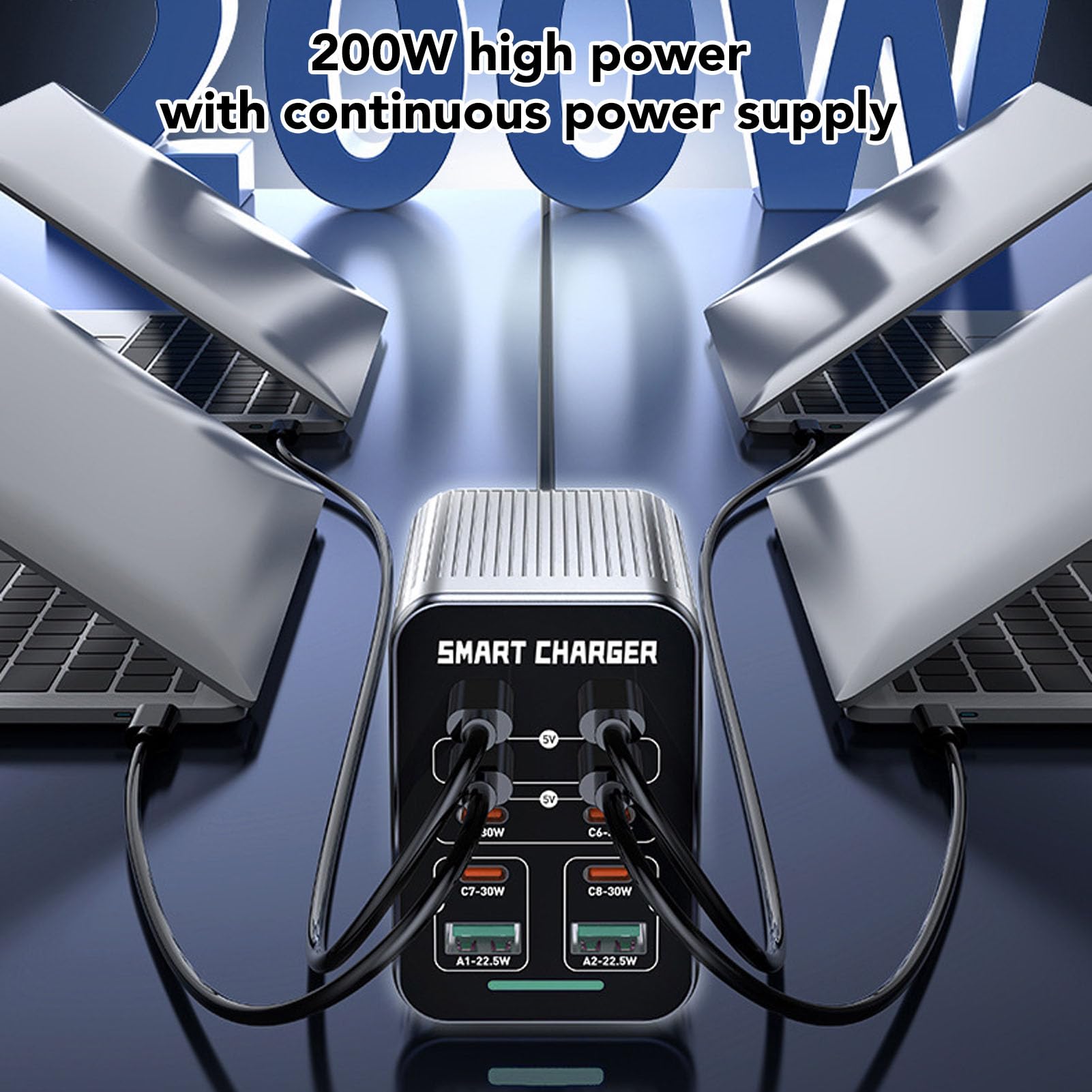 Stacja Szybkiej ładowarki GaN 200 W, 10 Portów Hub do ładowania Biurkowego z 2 Wyjściami QC3.0 8 PD, do Laptopa, Telefonu, Tabletu, Szybkiego ładowania Wielu urządzeń (Wtyczka UE)