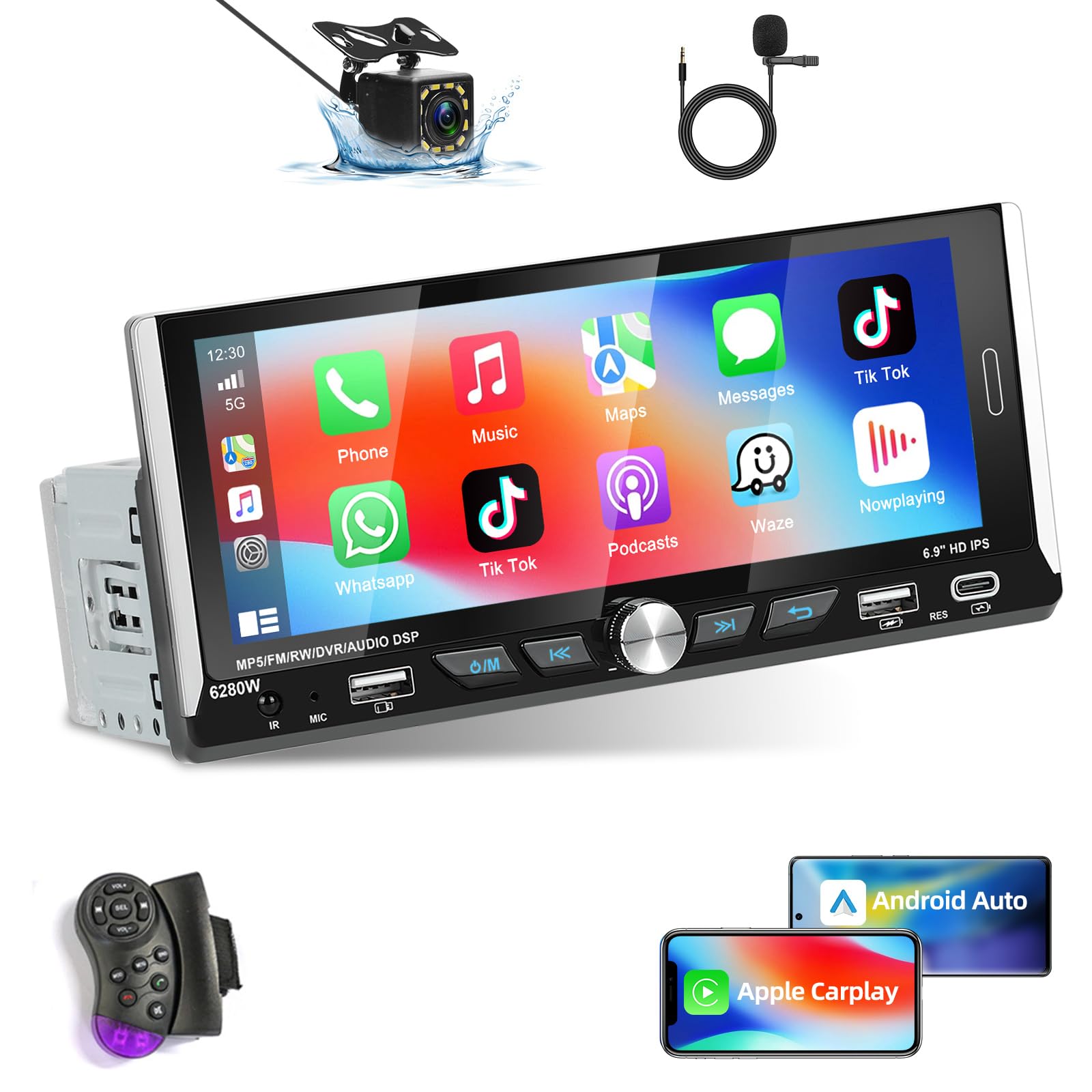 Podofo Autoradio 1 Din avec sans Fil Carplay Android Auto, Poste Radio Voiture Bluetooth avec écran D'autoradio de 6,9 ​​Pouces Connexion de Rétroviseur, Caméra de Recul et Le Microphone