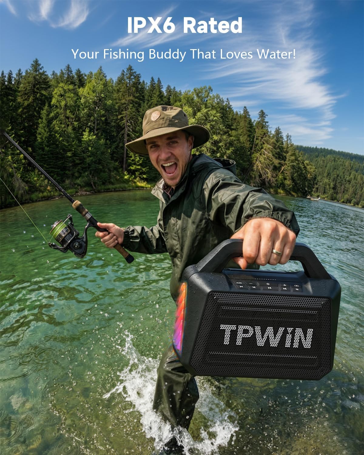 Bluetooth Speaker - 80W Loud Rugged Outdoor Speakers, IPX6 Waterproof, 20H Playtime, Deep Bass, Lightshow, TWS, BT 5.3 Wireless, Portable for Travel Hiking Camping Beach Pool - Black - Image 3