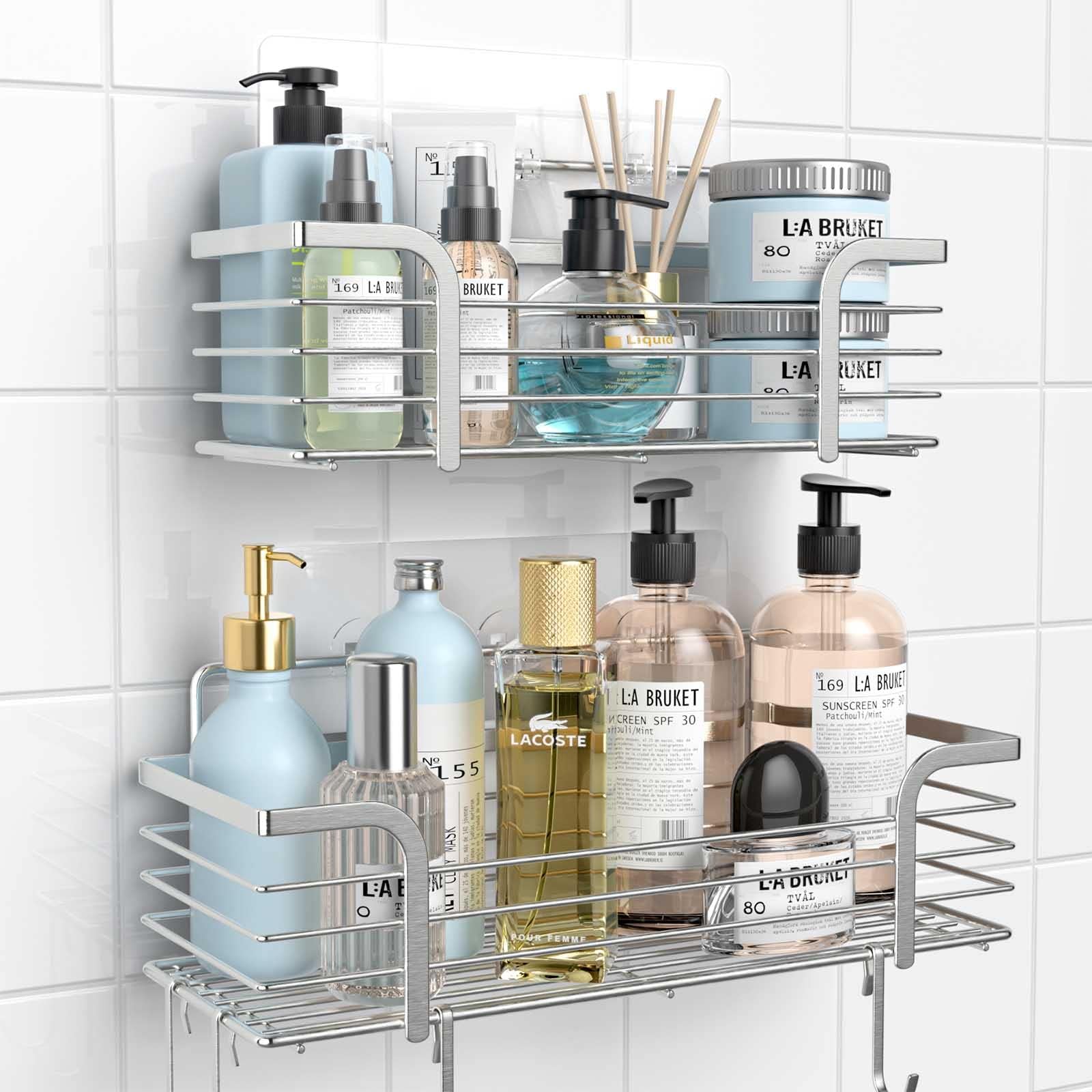Azzuro 2 Pack Shower Caddy Bathroom Shelf with Hooks, No Drilling Adhesive Shower Organizer Shelves, Rustproof Stainless Steel Shower Rack, Wall Mounted Bathroom Caddy Shower Storage