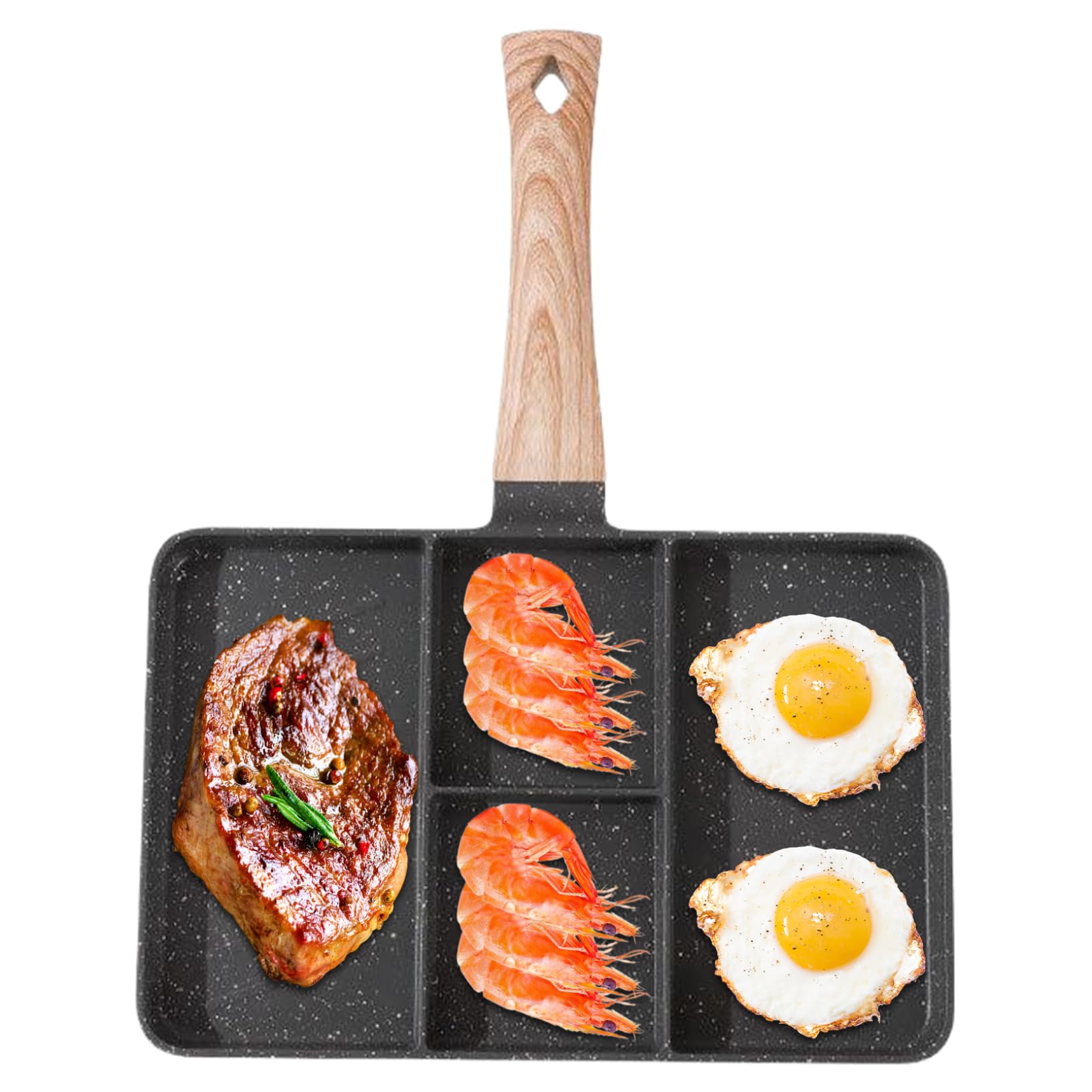 Veesper Black Divided Skillet 4 Section Non Stick Frying Pans Maifan Stone Cooking Pan With Handle 10.6X14.6in Divided Frying Pan For Simultaneous Cooking