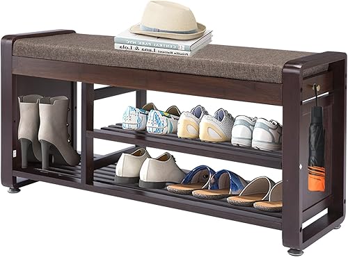 Banco de zapatos de bambú con 3 ganchos laterales, cojín gris extraíble, almacenamiento de zapatos de entrada de 2 niveles, 37.4 x 11.4 x 19.3
