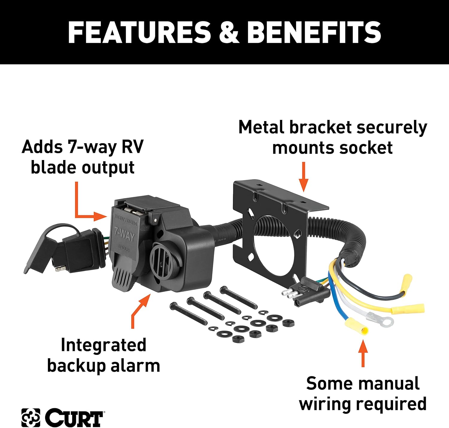 CURT 57102 Dual-Output 4-Way Flat Vehicle-Side to 7-Way RV Blade Trailer Wiring Adapter with Backup Alarm