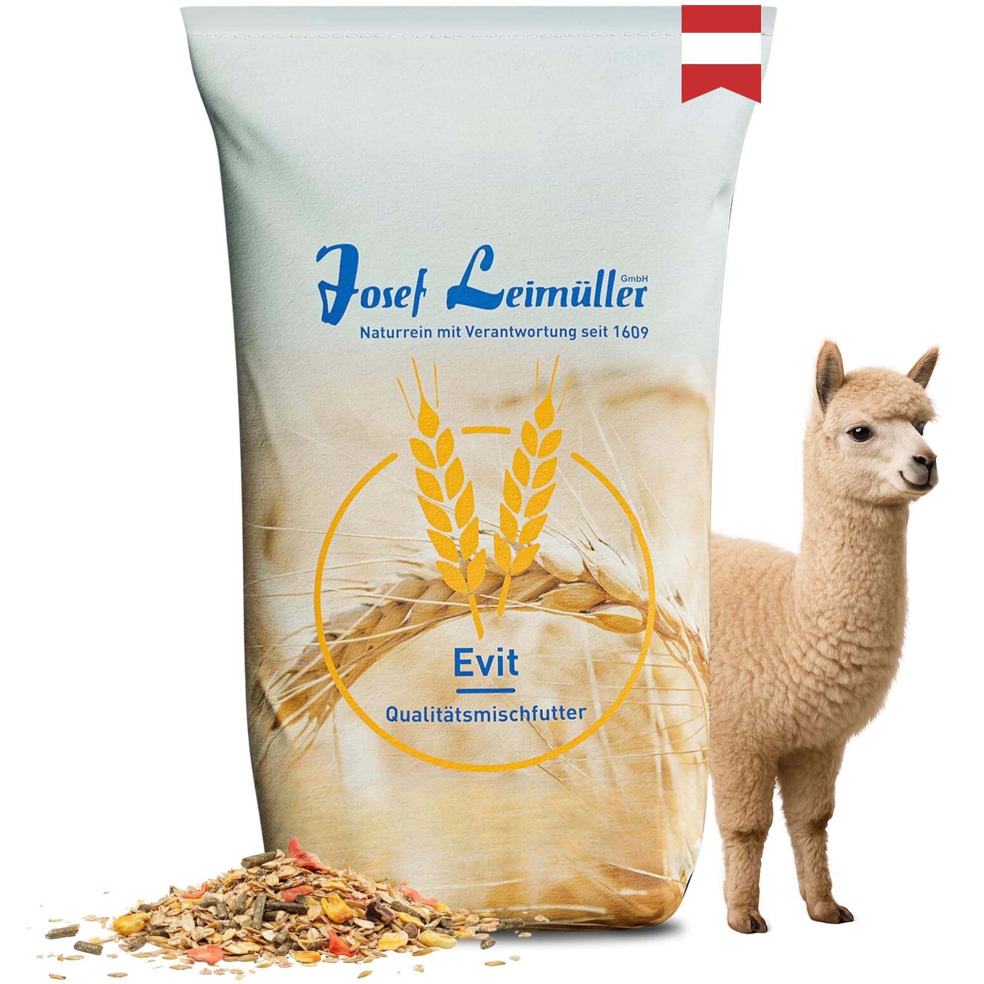 Leimüller Mangime per Alpaca Muesli 20 kg - Mangime di qualità austriaca privo di OGM - Mangime per alpaca, lama, cammelli e camelidi del Nuovo Mondo Colla ueller