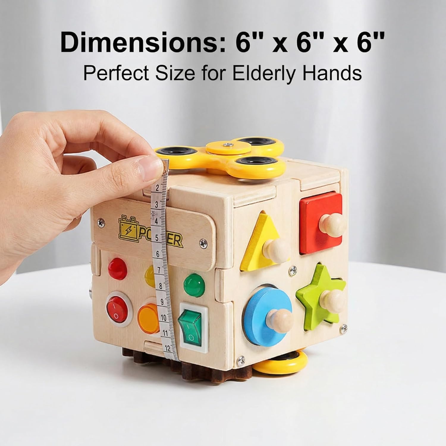 Six-Sided Interactive Cube for Seniors, Wooden Activity Panel with Multiple Interactive Elements, Fine Motor Skills and Cognitive Stimulation, 6 x 6 x 6 Inches, Great Gift for Parents