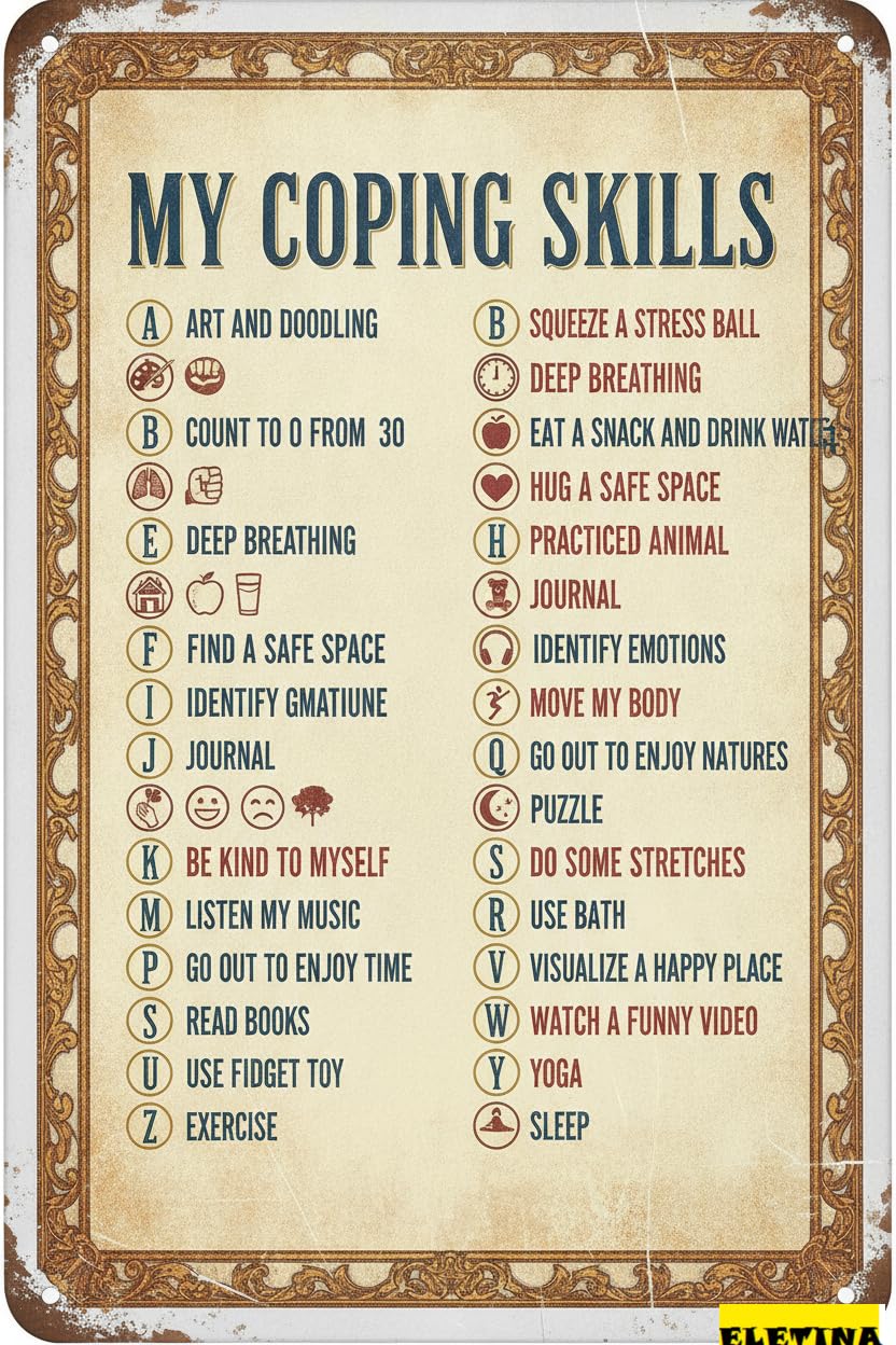 Coping Skills Alphabet School Psychologist Tin Sign Mental Health Wall Art Counseling Counselor Therapist Decor 8x12in
