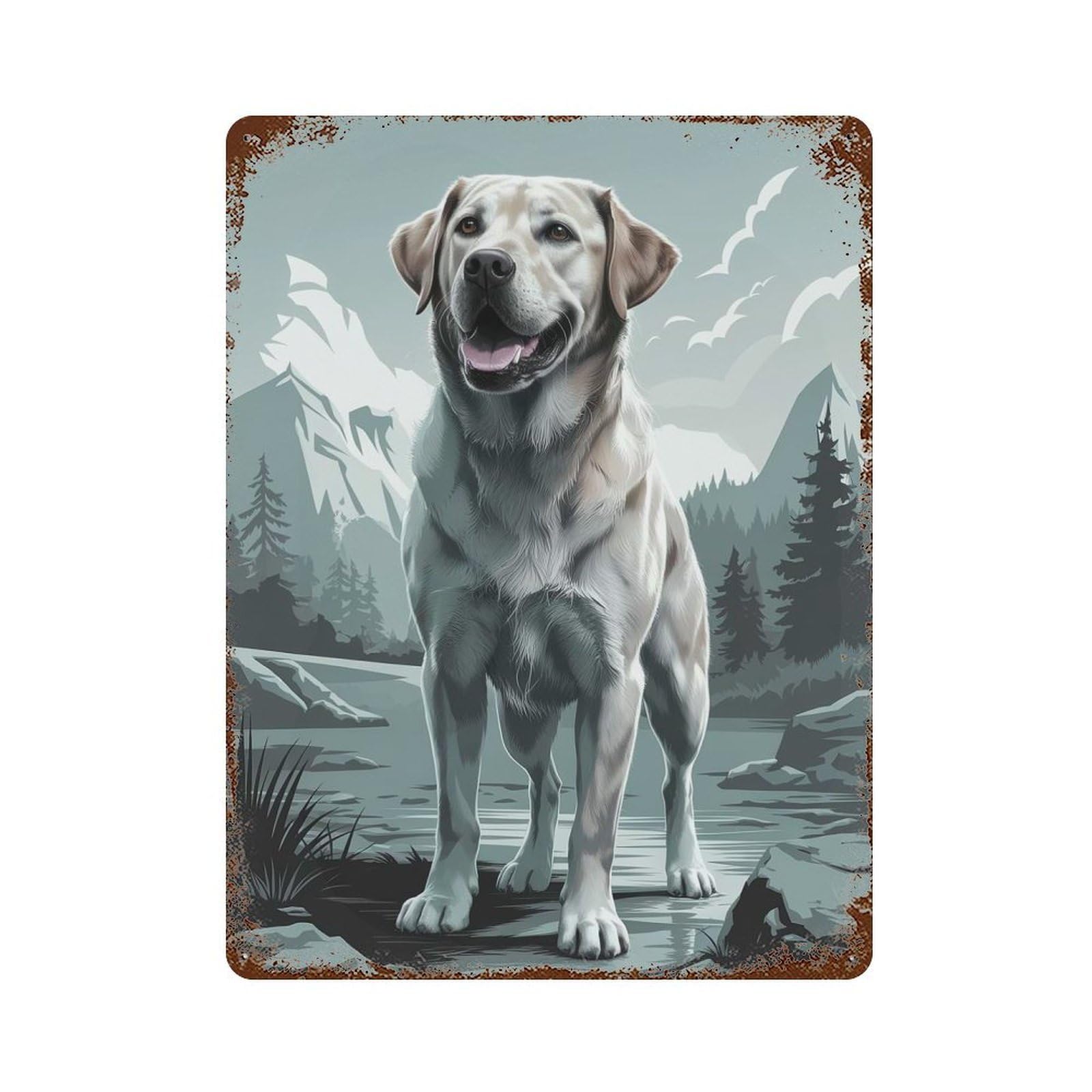 Aged Metal Wall Plaque with Labrador Retriever in Mountain Landscape Design 15.7"x11.8", for Pub, Kitchen And Man Cave Decor, Shabby Chic Decor