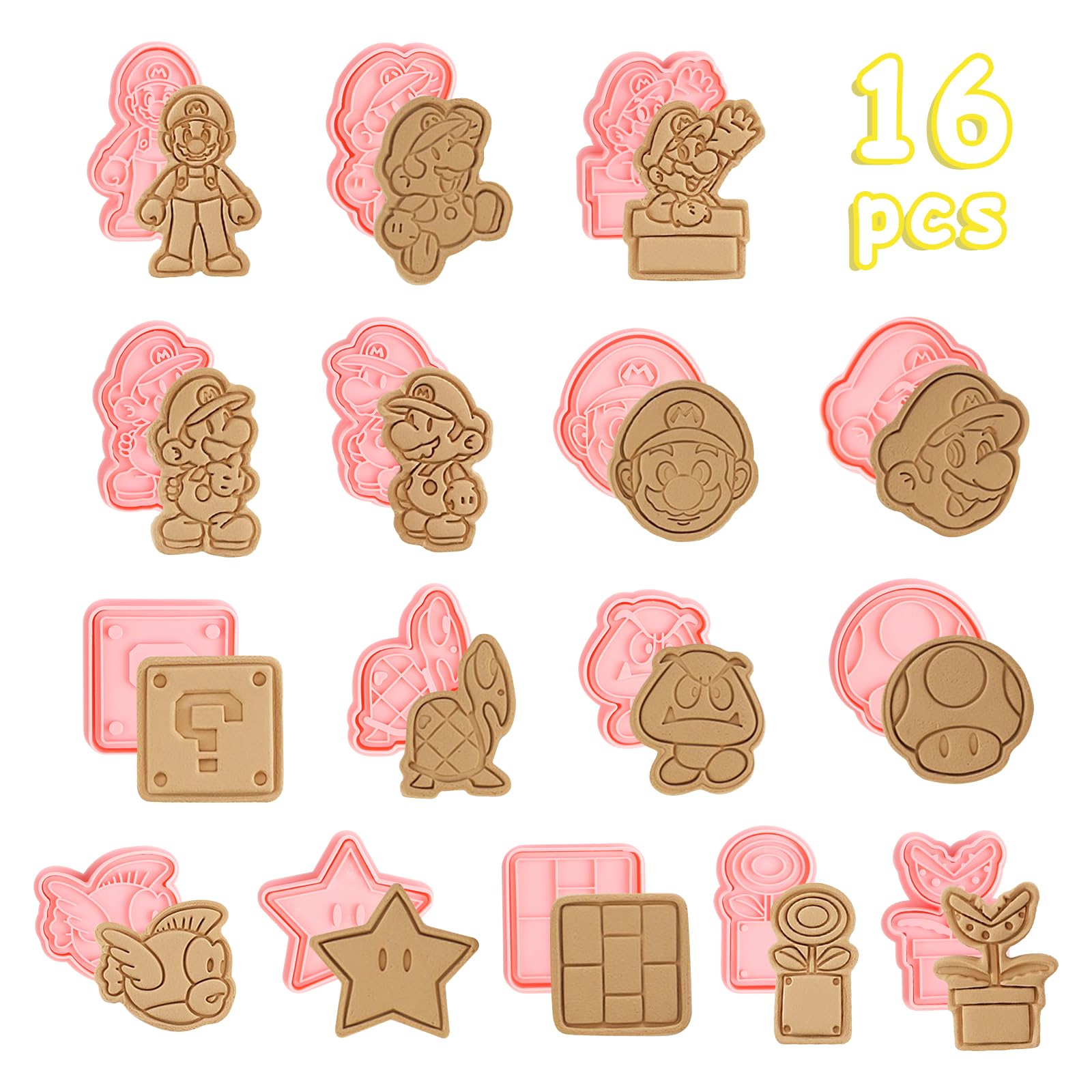 Gihommie 16Pcs Plastic Mario Cookie Cutters, Super Bro Cookie Cutter Mold for Baking Birthday Mario Themed Party Supplies Boys and Girls Fun Gifts