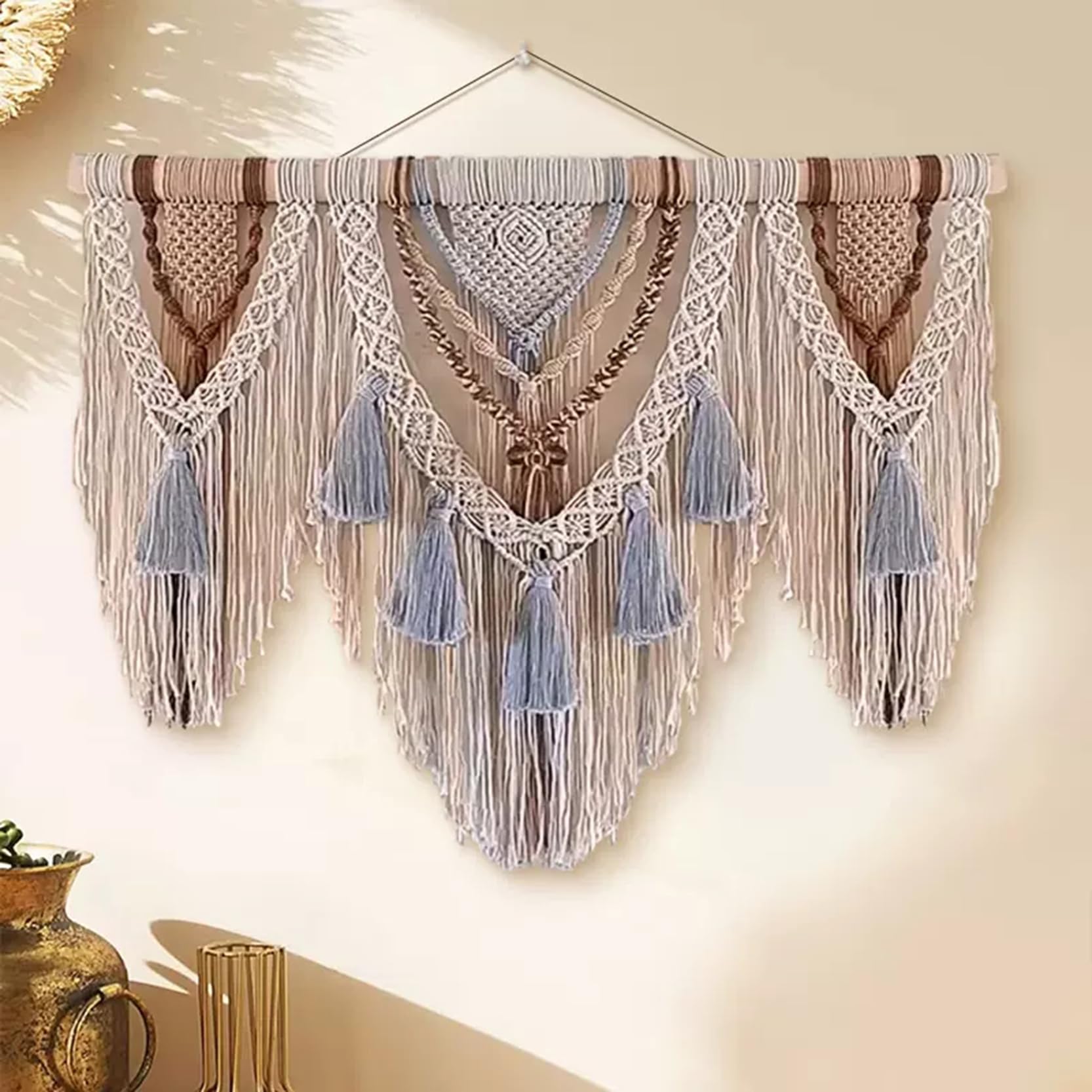 Bohemio Macrame Colgante de Pared Grande Tapiz Tejido geométrico, Tapiz de Arte Tejido a Mano con Borla y Patrones Elegantes, Cuerda de algodón Natural Boho Decoraciones,120x95cm