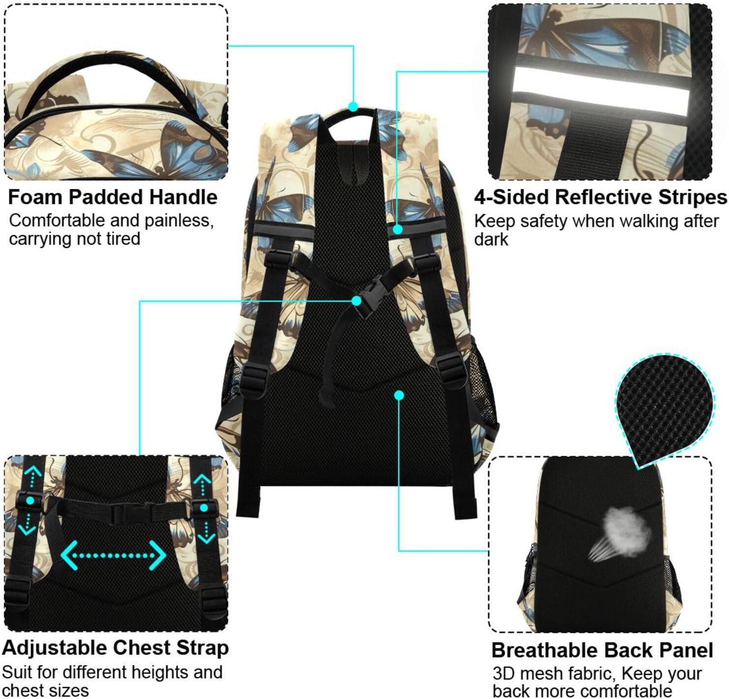 senya Travel Backpack Carry On Bookbags Blue Butterflies Pattern Bagpack with Reflective Strip and Mesh Side Pockets