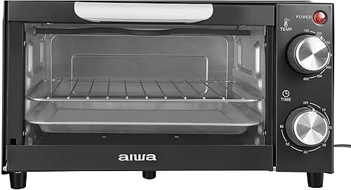 Aiwa Horno tostador de encimera de 4 rebanadas con bandeja para hornear, hornear tostadas para cocinar y asar, control de temperatura, perilla