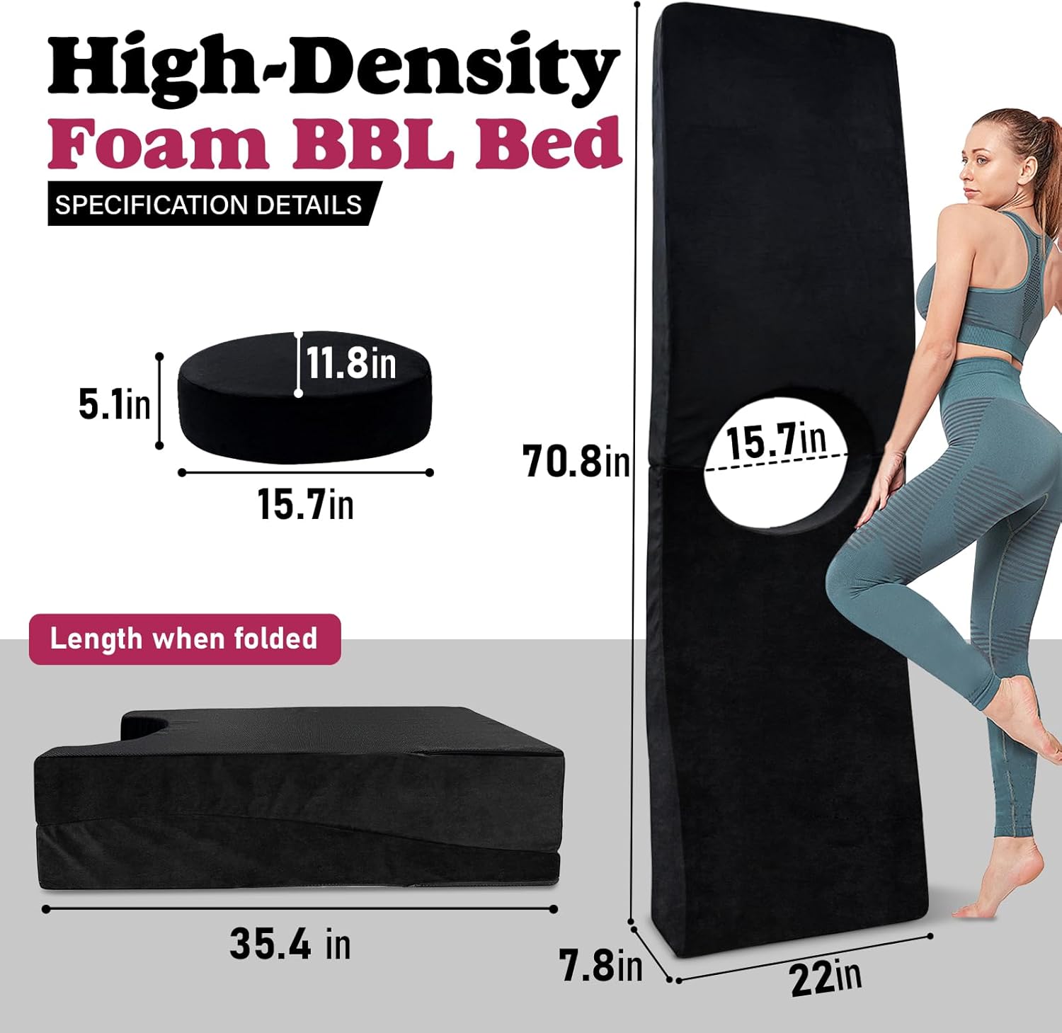 Ergonomic BBL Bed for Sleeping Foldable BBL Mattress with Hole Removable Cover & Non-Slip Base Brazilian Butt Lift Recovery Mattress(70.8" x 22" x 7.8")