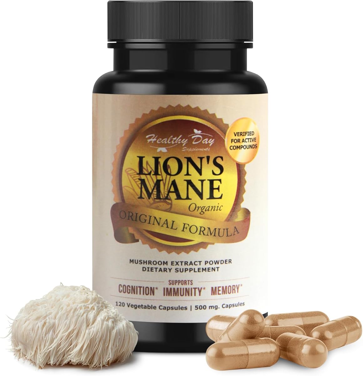Healthy Day Supplements Lions Mane Mushroom Cognition Capsules - 120 Count | Organic, Gluten Free, Alpha Brain Supplement for Adults | Brain Vitamins & Focus Nootropic | Made in USA