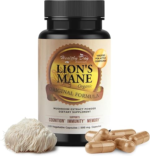 Lions Mane - Cápsulas de cognición de hongos – 120 unidades Orgánico, sin gluten, suplemento de cerebro alfa para adultos Vitaminas cerebrales
