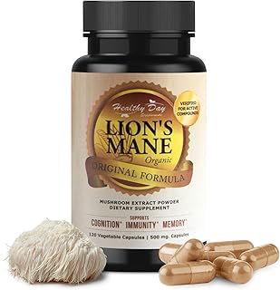 Lions Mane Mushroom Cognition Capsules - 120 Count | Organic, Gluten Free, Alpha Brain Supplement for Adults | Brain Vitamins & Focus Nootropic | Made in USA