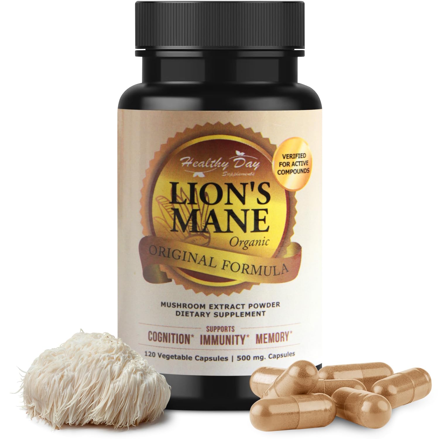 Lions Mane Mushroom Cognition Capsules - 120 Count | Organic, Gluten Free, Alpha Brain Supplement for Adults | Brain Vitamins & Focus Nootropic | Made in USA