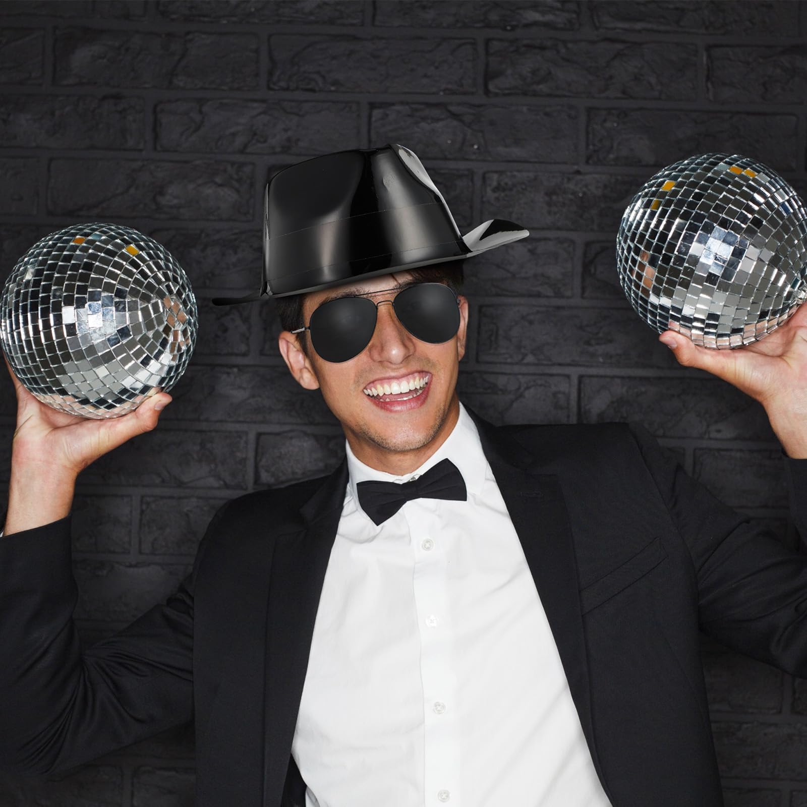 Mepase 48 piezas de suministros de fiesta de neón, 24 sombreros de vestir negros con 24 pares de gafas para adultos, fiesta, boda, carnaval, disfraz de los años 20, Negro -, talla única