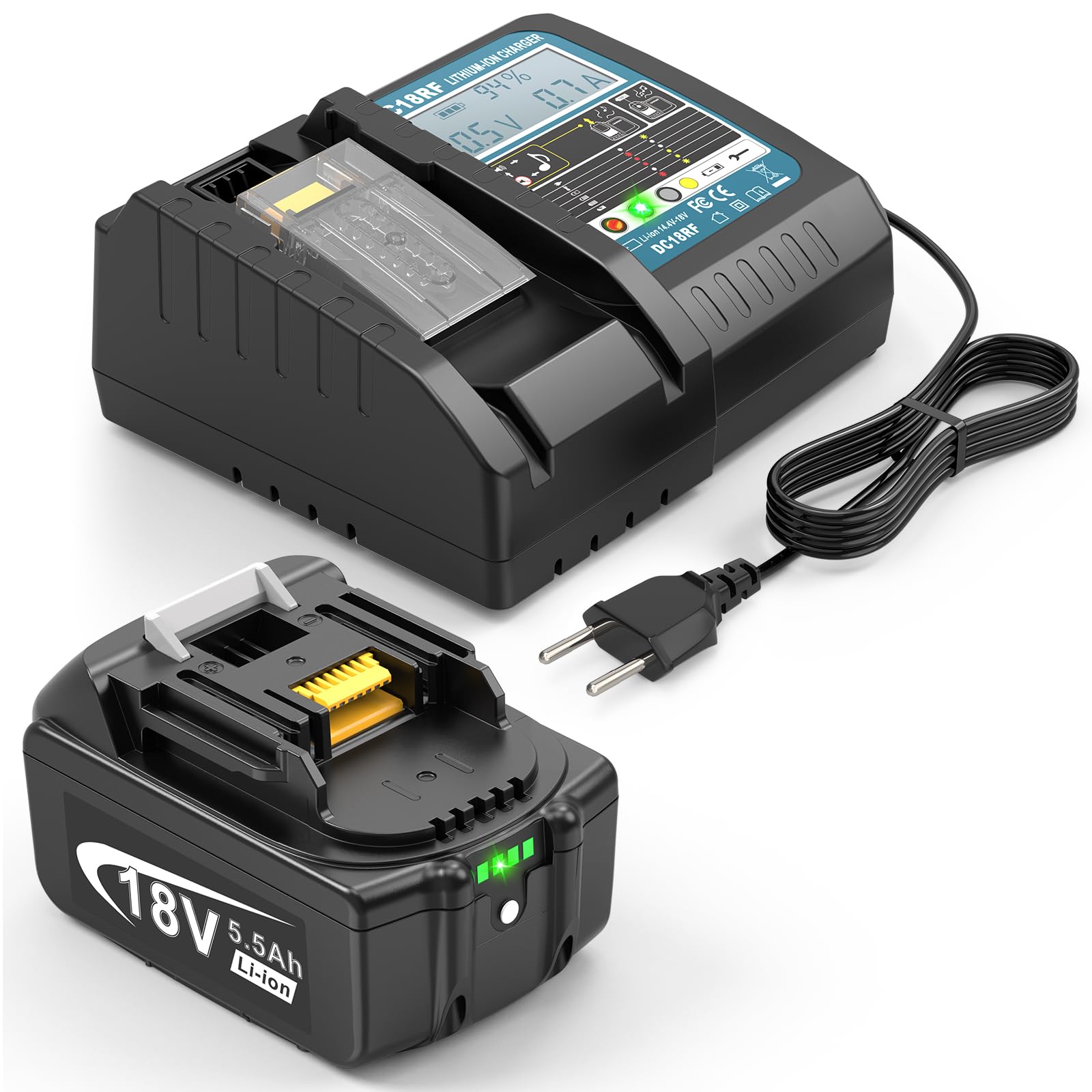 BL1850B - Batería y cargador para Makita LXT (18 V, 5500 mAh, DC18RC, cargador rápido, compatible con baterías de iones de litio de 14,4 V-18 V, BL1815, BL1830, BL1430, BL1860)