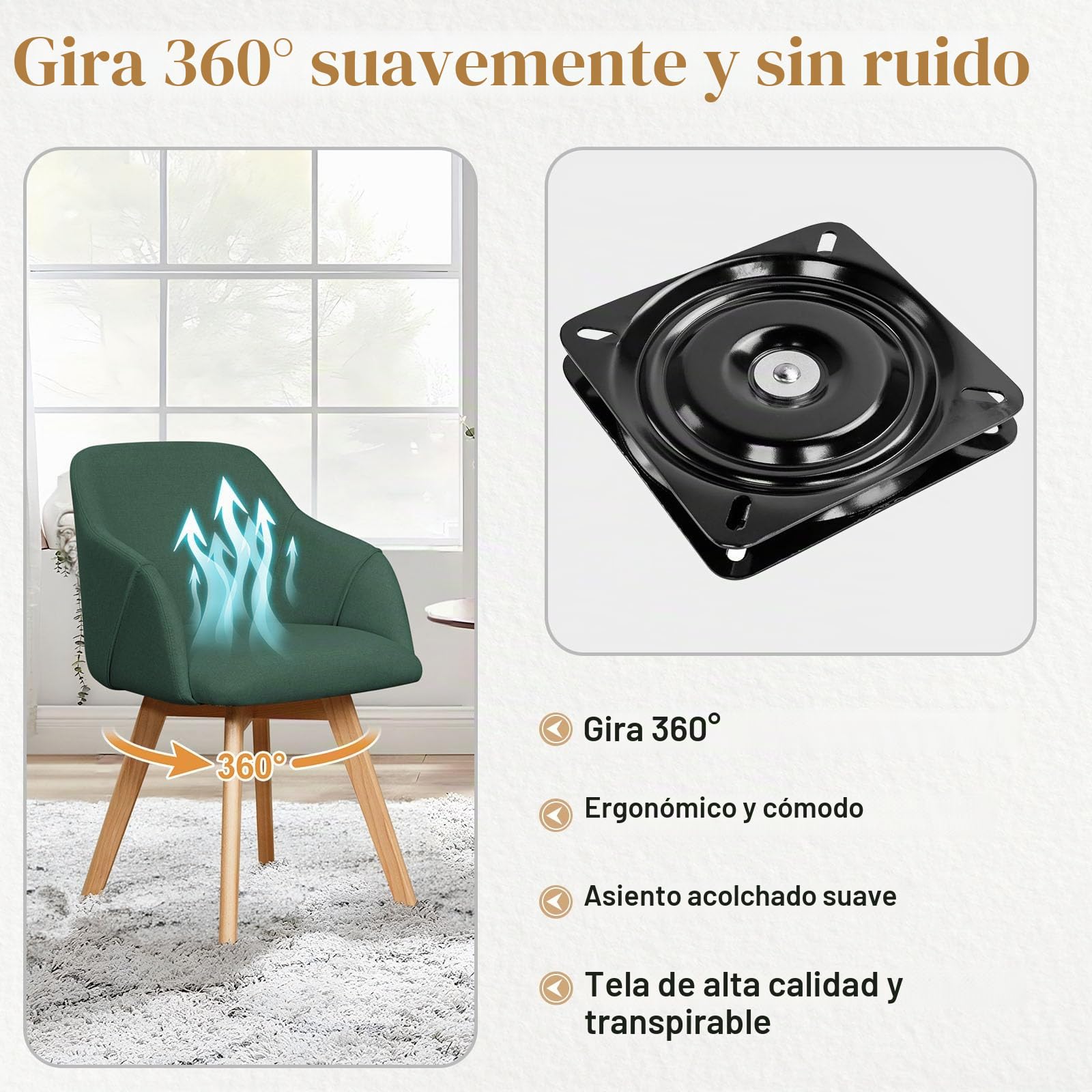 Bekrvio Juego de 2 sillas de Comedor giratorias 360°, Silla tapizada con reposabrazos, tapizada en Tela, Patas de Madera, diseño de Century, cómodas sillas de Cocina para Comedor y salón
