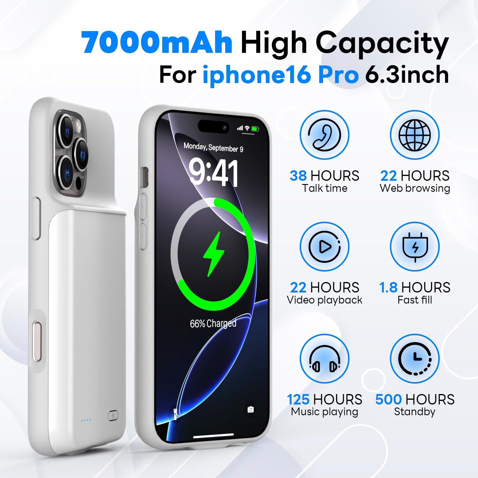 Akkuhülle für iPhone 16 Pro (6,3"), 7000mAh Wiederaufladbar Batterie Ladehülle Akku mit Panzer Schutz Glas, Powerbank Hülle Zusatzakku Akku Case Akku Ladehülle Handyhülle-Weiß