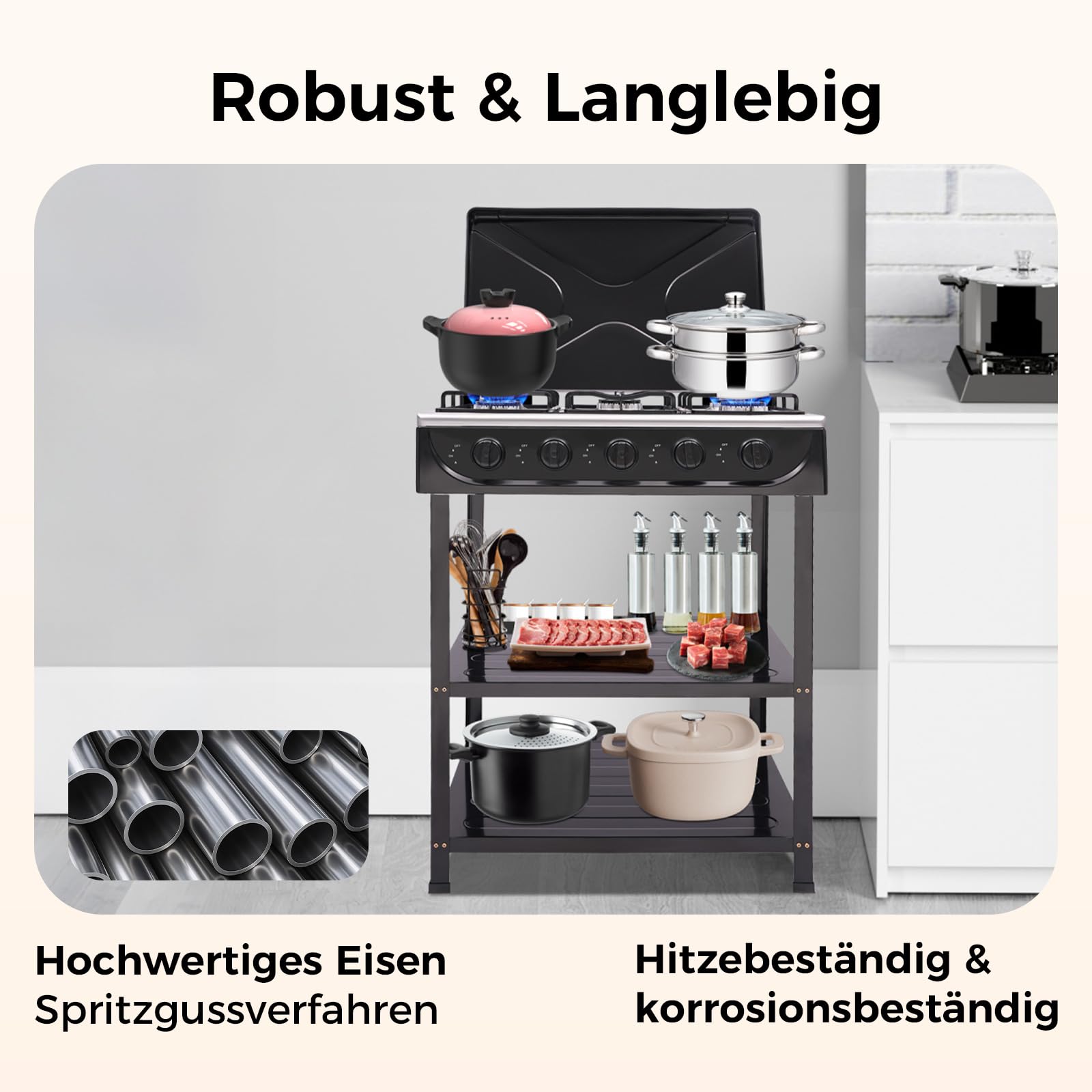 5 Flammiger Gaskocher Outdoor Campingkocher mit Stützbeinständer und windblockierender Abdeckung Freistehender Gaskochfeld für Wohnmobil, Wohnung, Kochen im Freien (Schwarz)