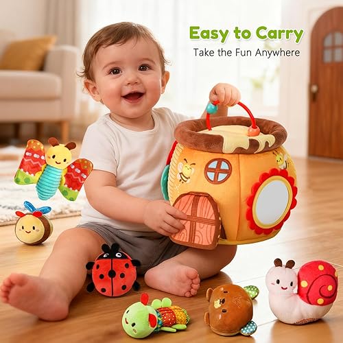 Miniatura 7 de TOHIBEE Juguetes para bebés de 6 a 12 meses, casa suave con 6 animales de peluche, sonajero, papel arrugado, chirriante, espejo y juguete de