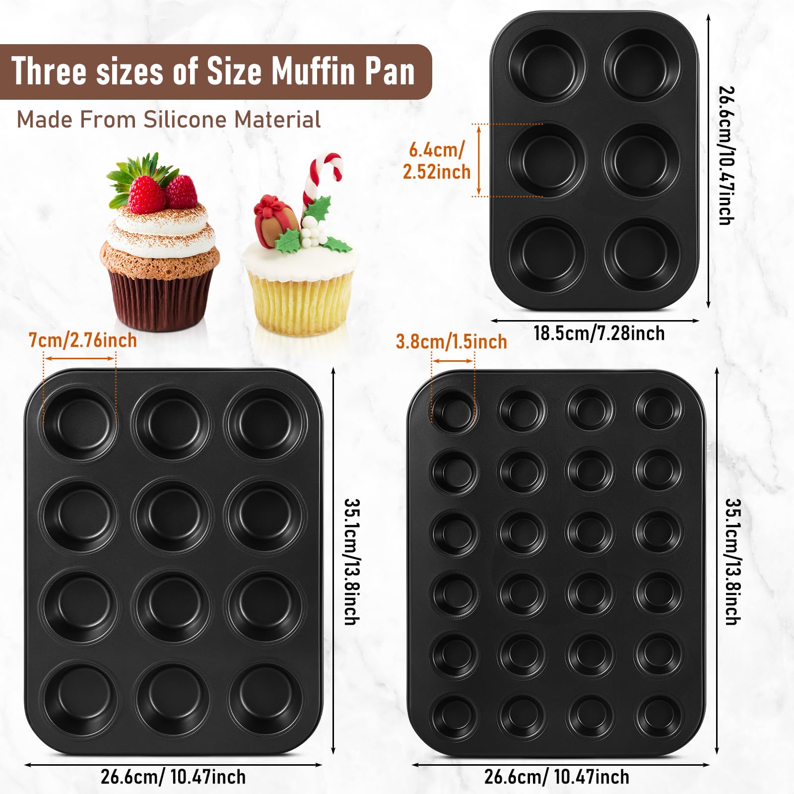 SiliFine 3 Stück Antihaft-Muffinform aus Karbonstahl, Cupcake-Form, leicht zu reinigen, Muffinblech, Backgeschirr zum Backen von Cupcakes, Käsekuchen, 6 Tassen, 12 Tassen und 24 Tassen, Jumbo
