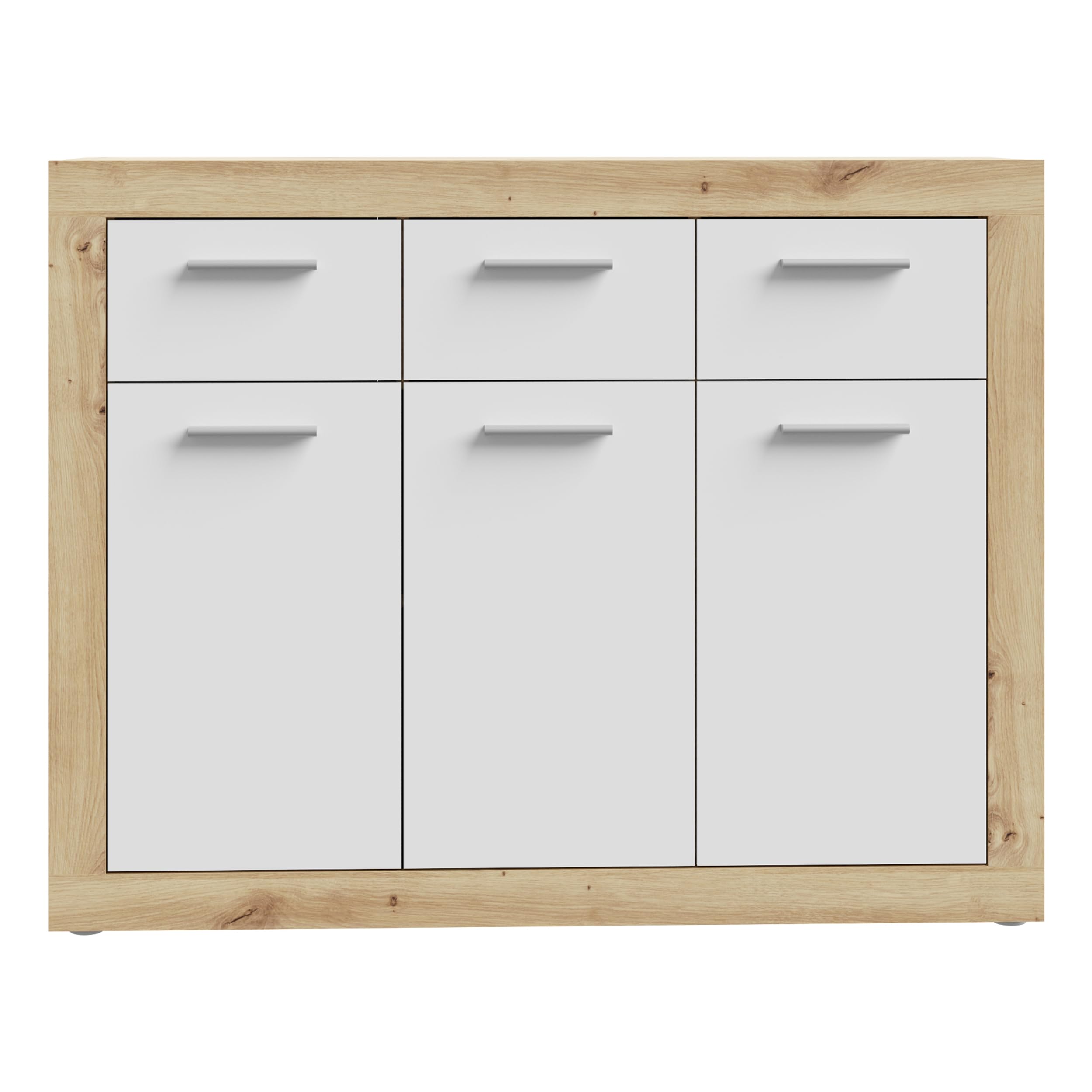 Forte BACCIO Kommode 110 120, Moderne Kommode für Wohn-/Schlafzimmer, 3-türig, 3 Schubladen, Holzwerkstoff, Artisan Eiche Holzdekor|Weiß, 117,9 cm breit x 91,5 cm hoch x 34 cm tief