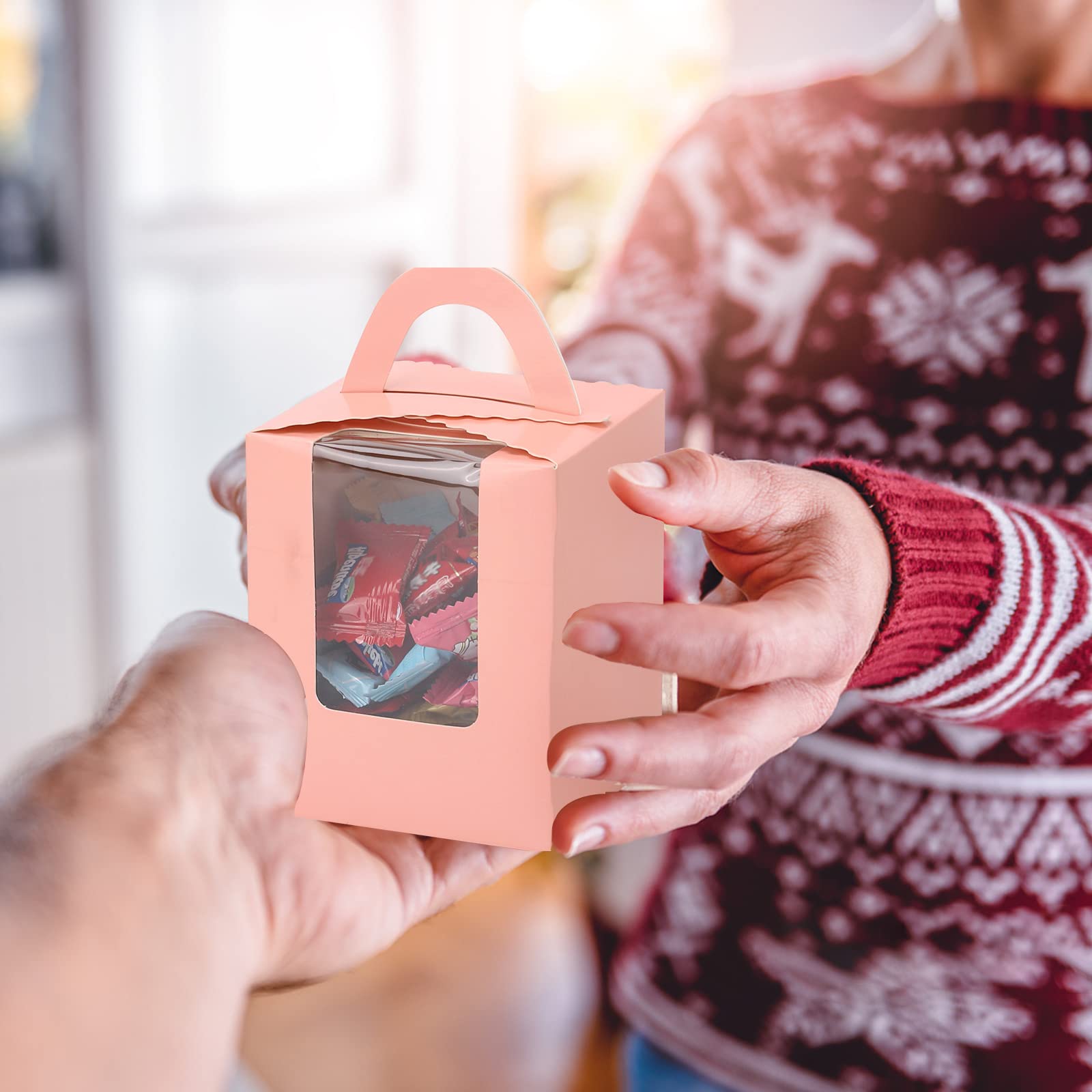 100 cajas de magdalenas rosadas individuales con asa de ventana e insertos para panadería envoltura fiesta regalo embalaje